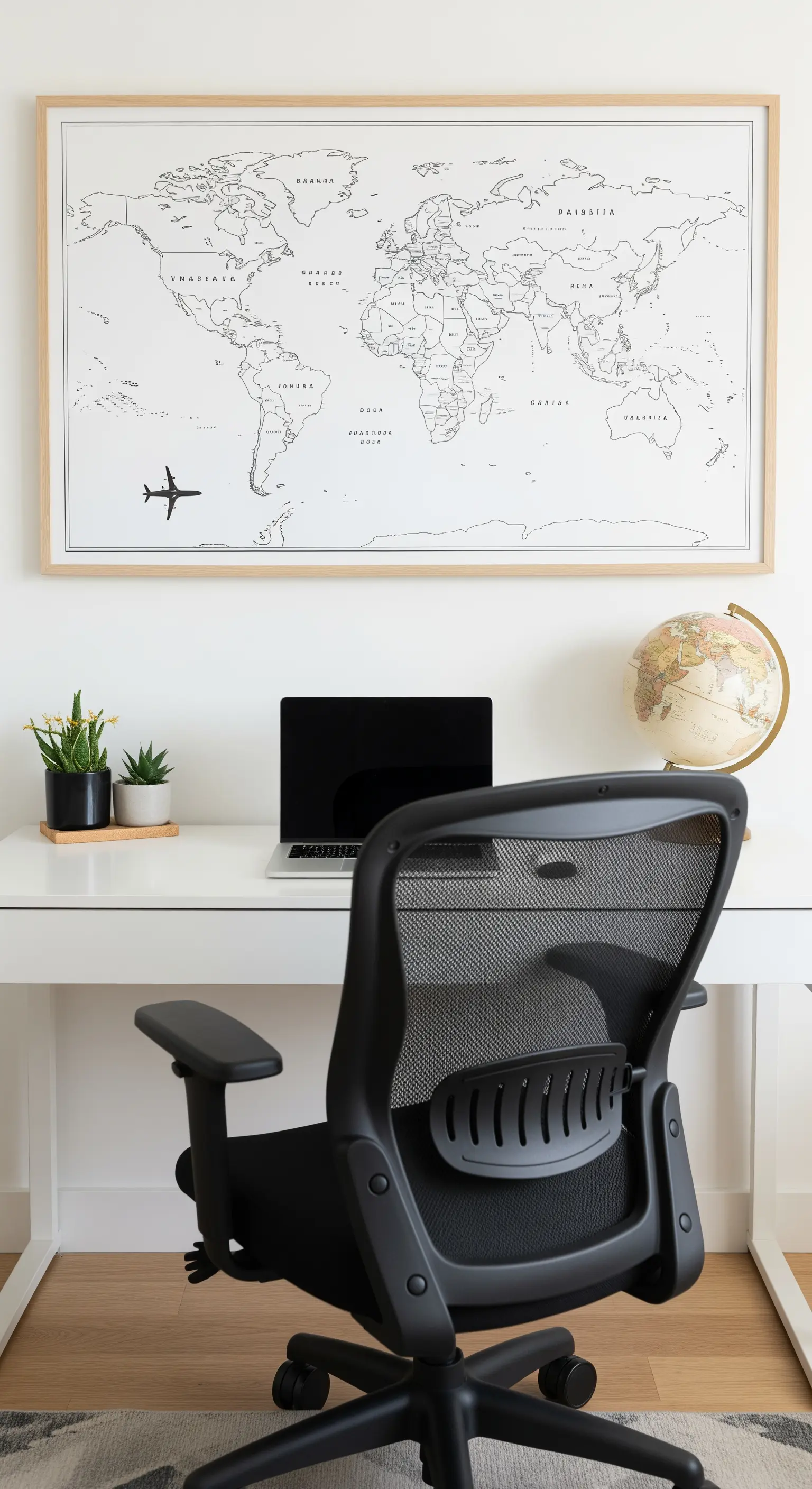 Scrivania bianca con sedia ergonomica nera e una grande mappa del mondo incorniciata alla parete.