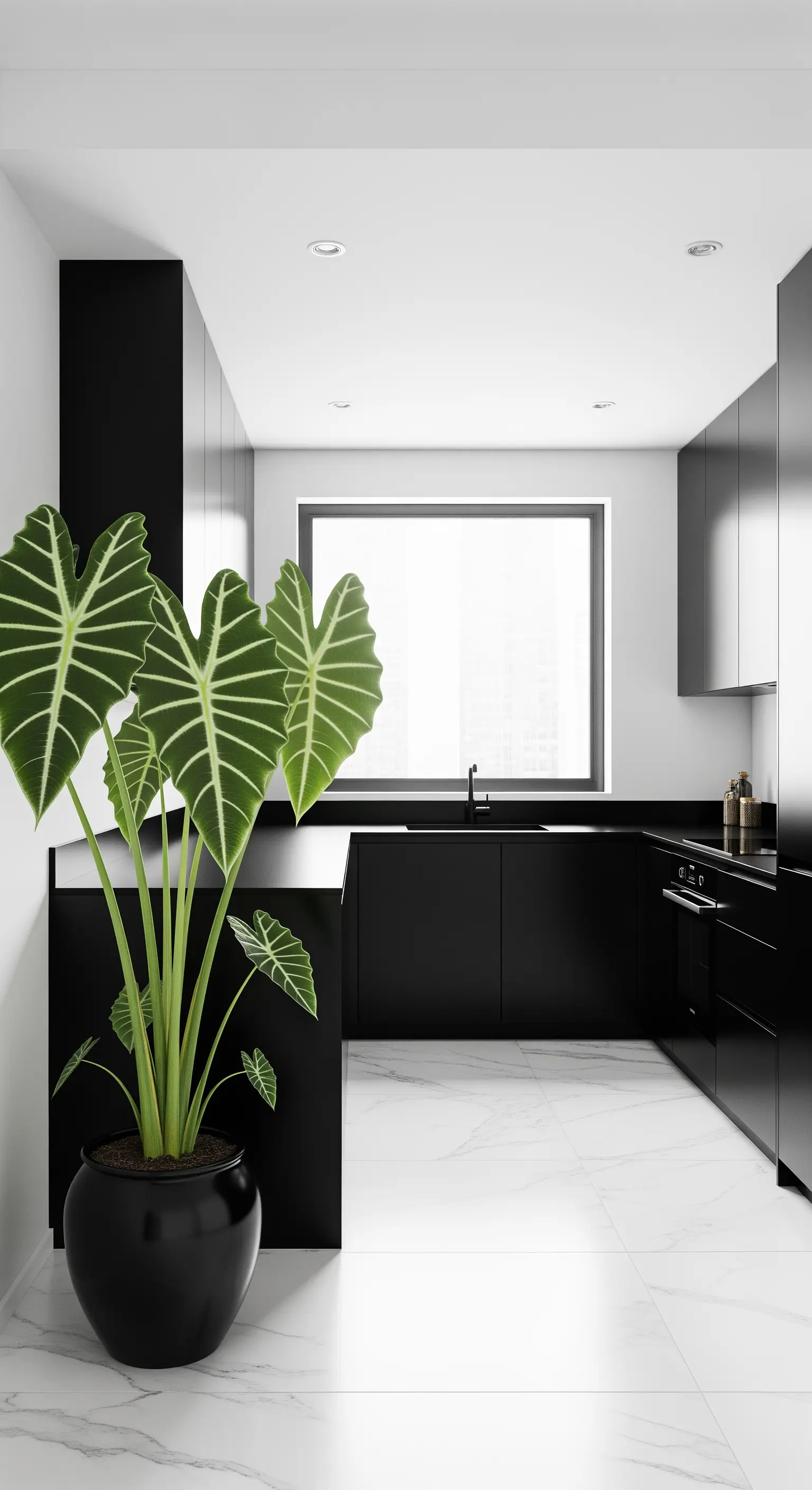 Alocasia dalle foglie venate in una cucina minimalista in bianco e nero.