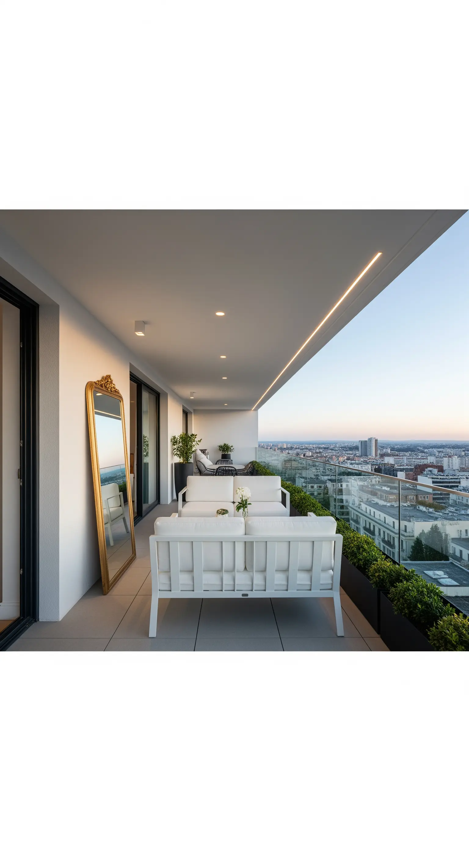 Balcone con vista sulla città, divani bianchi moderni e un grande specchio dorato barocco