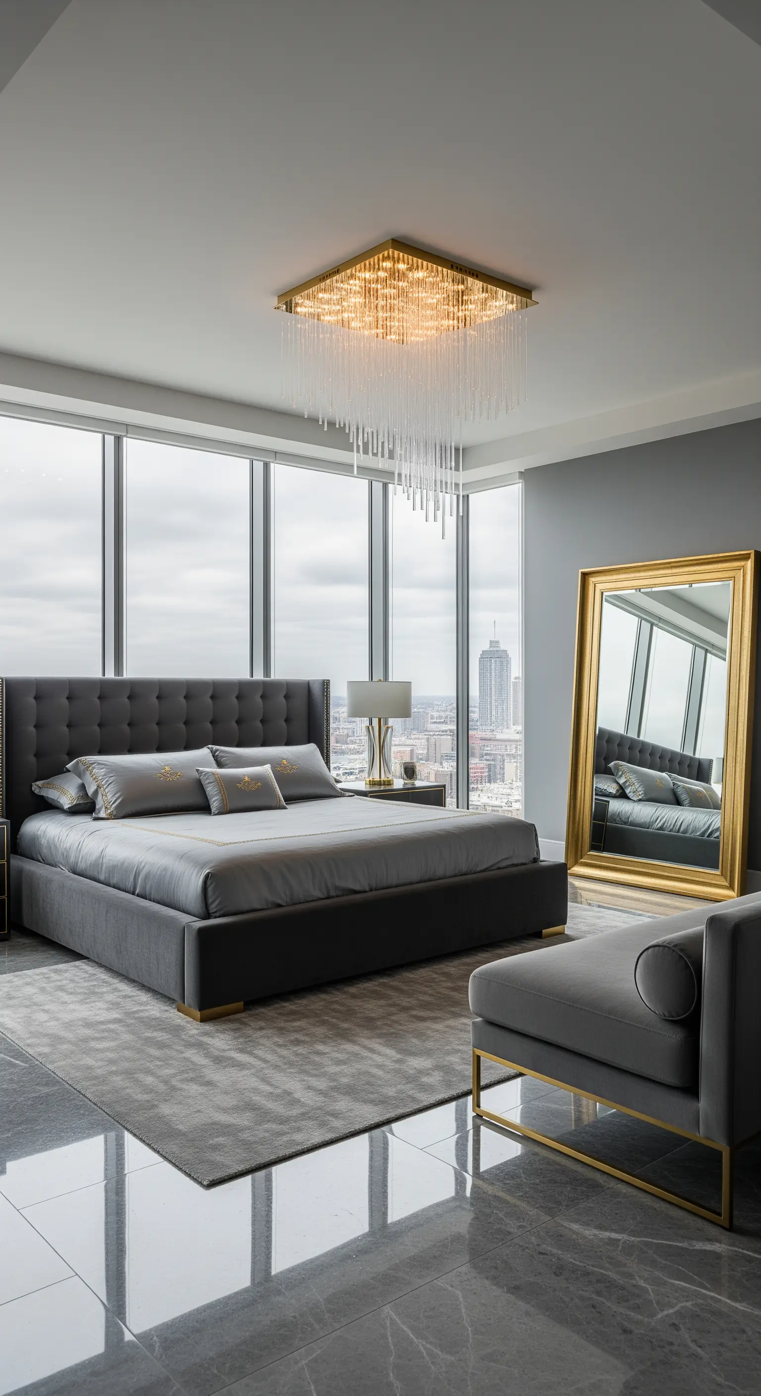 Camera da letto di lusso con pavimento in marmo grigio e un enorme specchio con cornice dorata appoggiato alla parete.