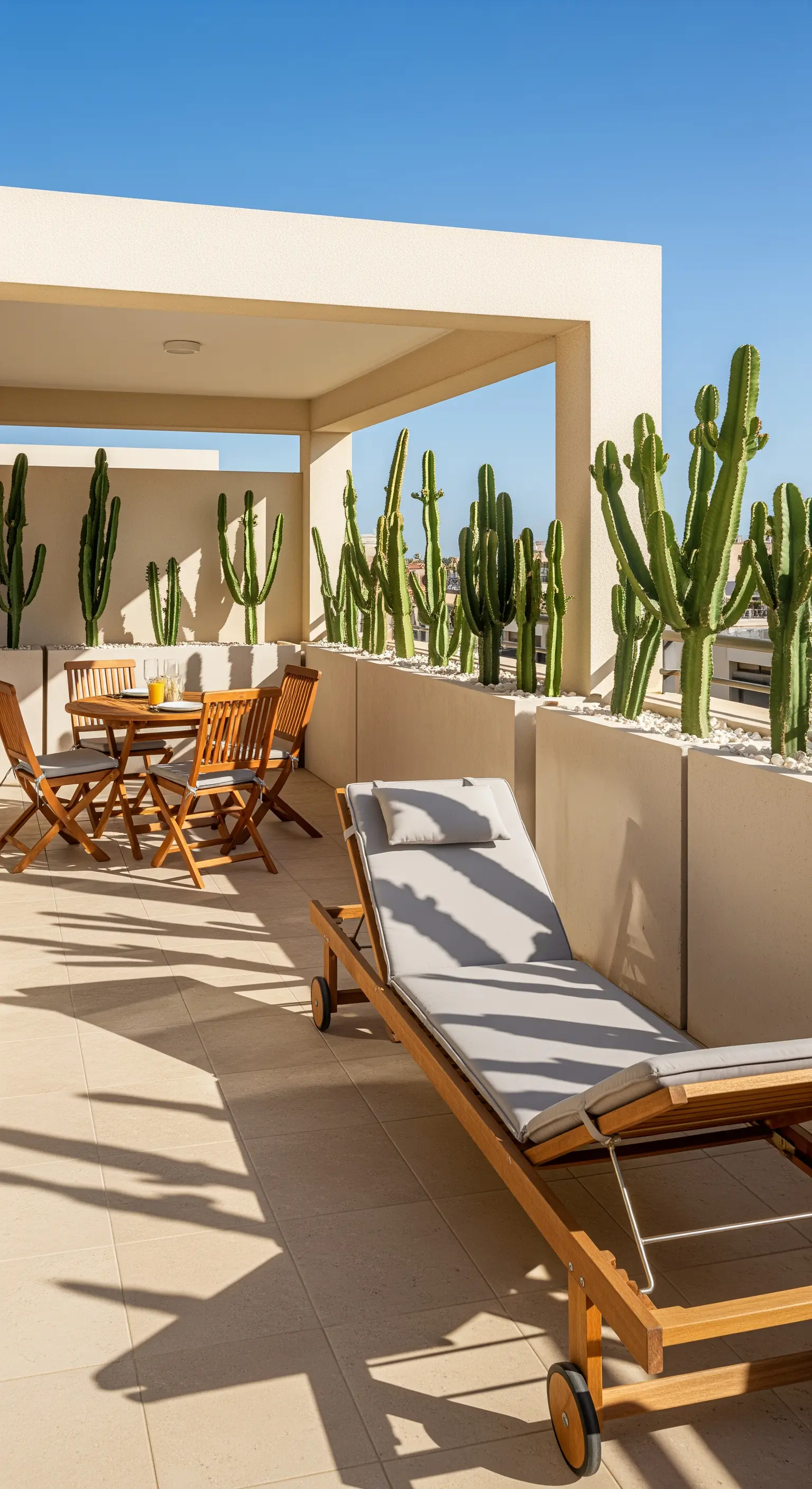 Grande terrazza con zona relax e zona pranzo separate da una fila di cactus alti.