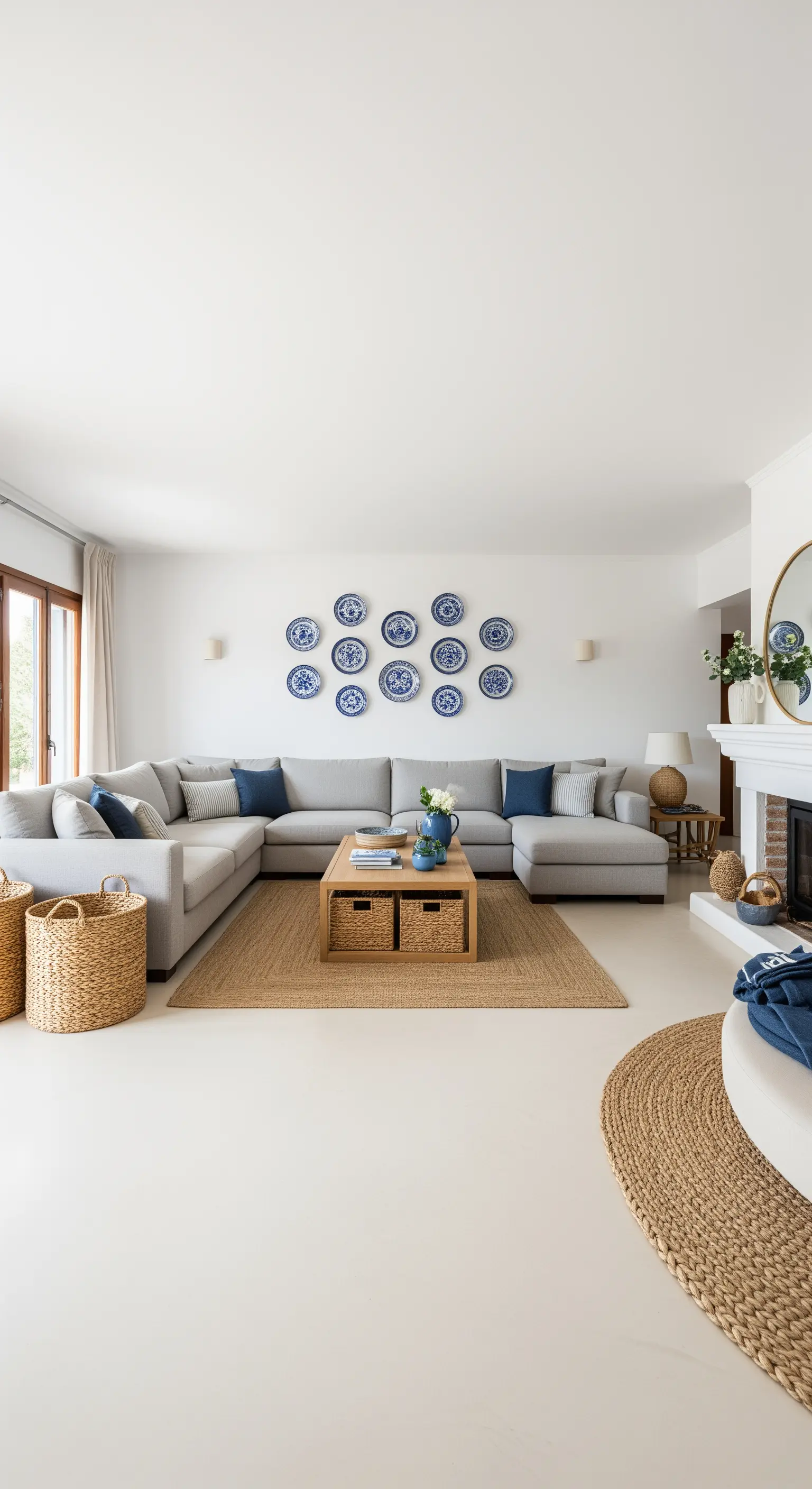 Parete bianca decorata con una collezione di piatti in ceramica blu e bianca sopra un divano grigio.