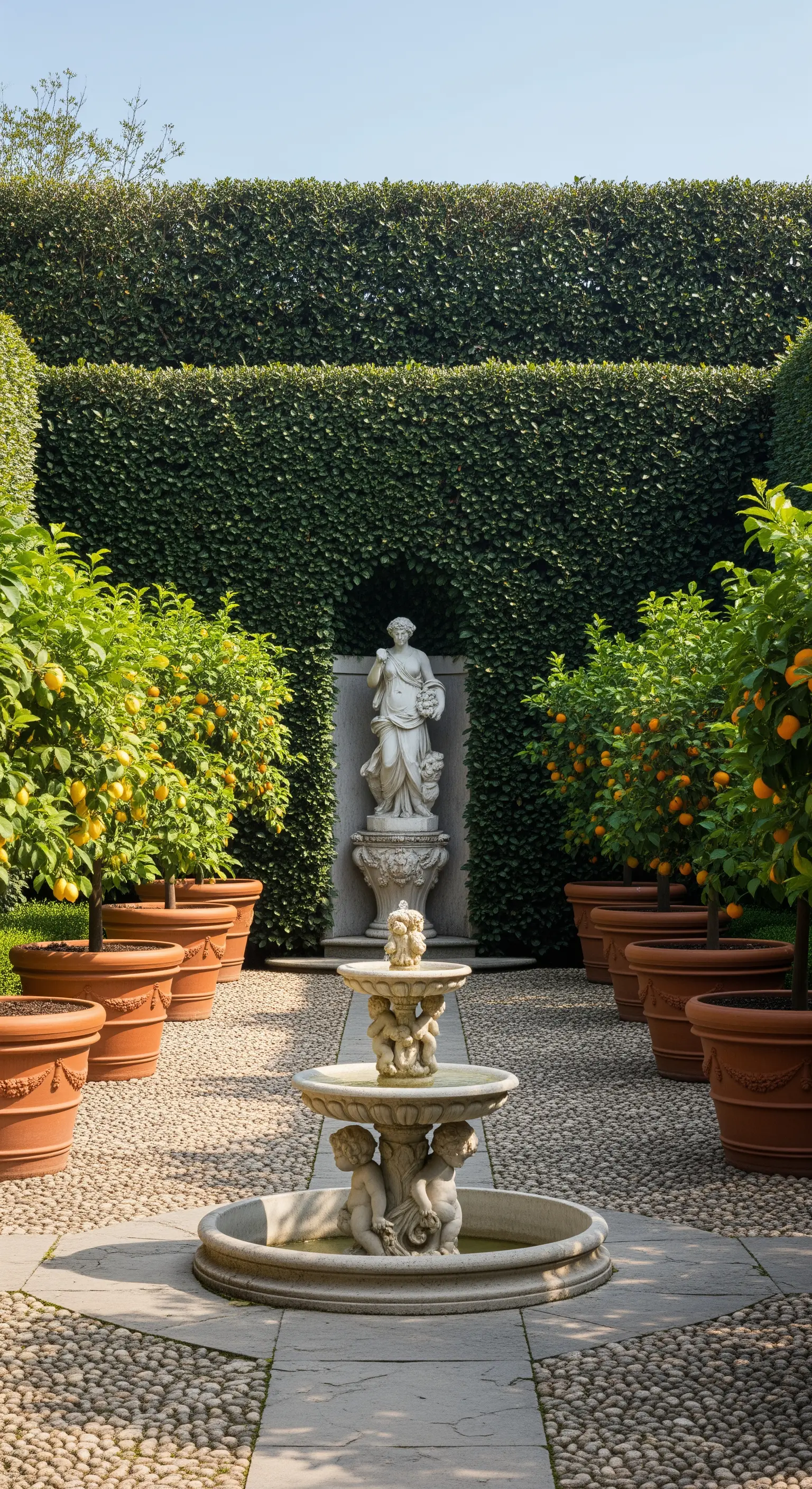 Cortile con statue e fontana, fiancheggiato da filari di alberi di agrumi in grandi vasi di terracotta