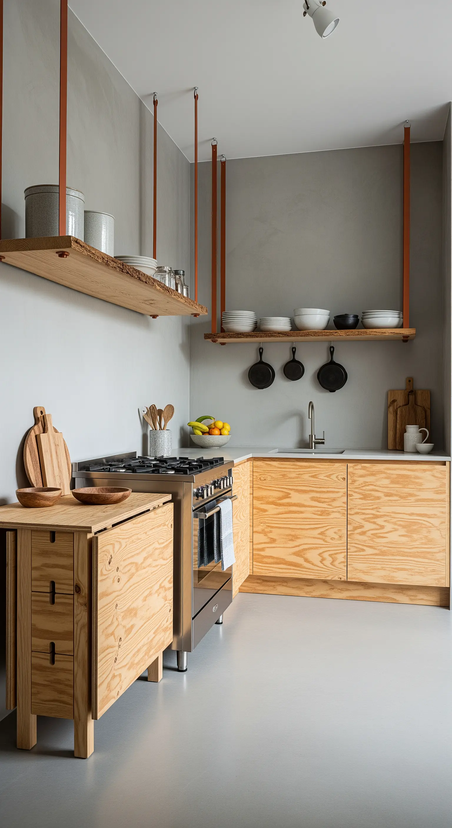 Cucina con mobili e tavolo in compensato e mensole sospese con cinghie di cuoio.