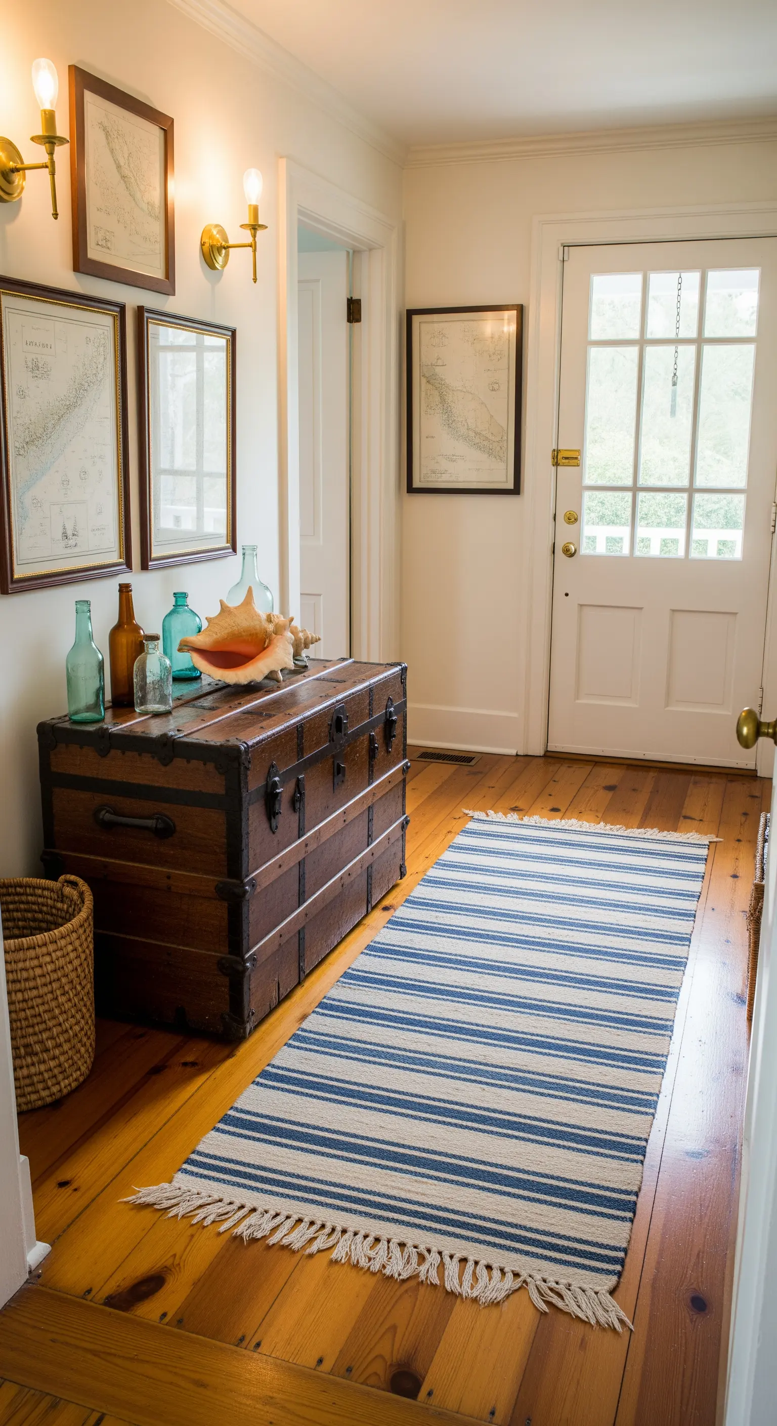 Ingresso con un grande baule da viaggio antico usato come consolle e un runner a righe.