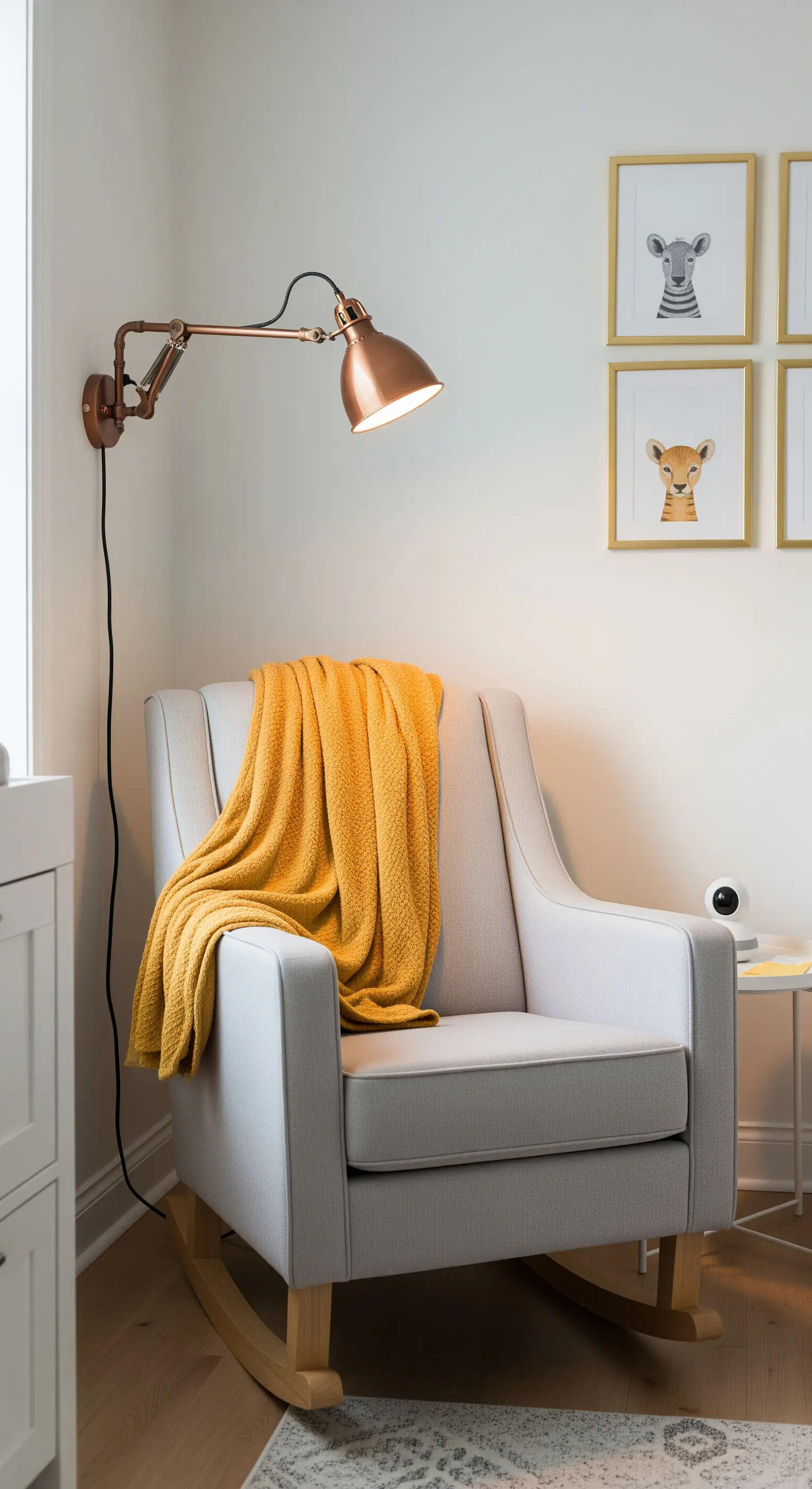 Poltrona a dondolo grigia con accanto una lampada da parete orientabile in rame.