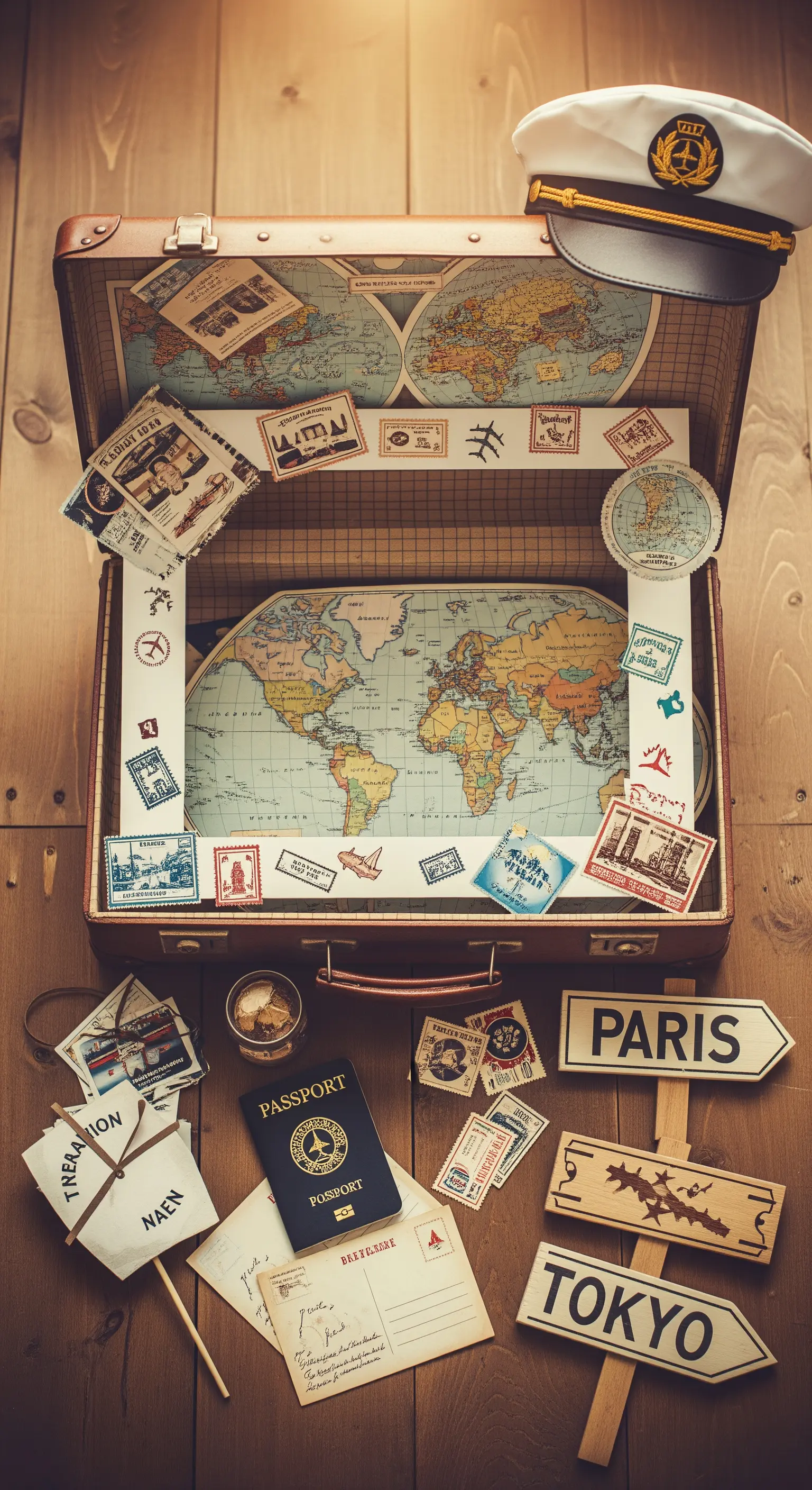 Valigia vintage aperta con una mappa del mondo e decorazioni a tema viaggio come francobolli.