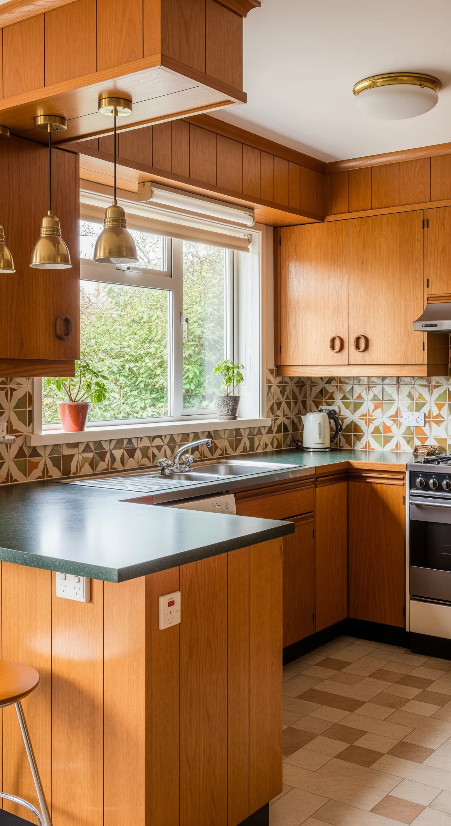 Cucina vintage con mobili e pareti in legno, piano di lavoro verde scuro e piastrelle decorate.