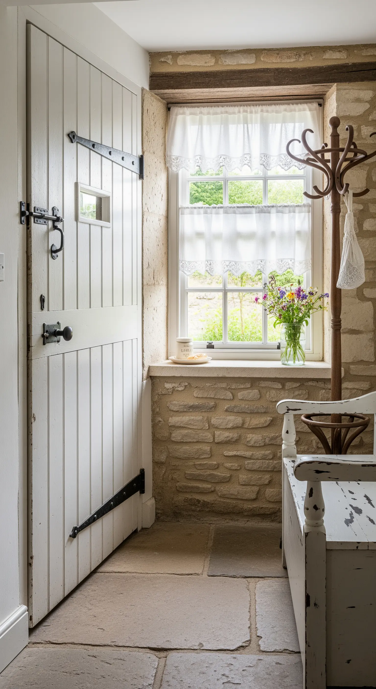 Ingresso rustico con parete in pietra, porta in legno bianco e piccole tende in pizzo alla finestra.