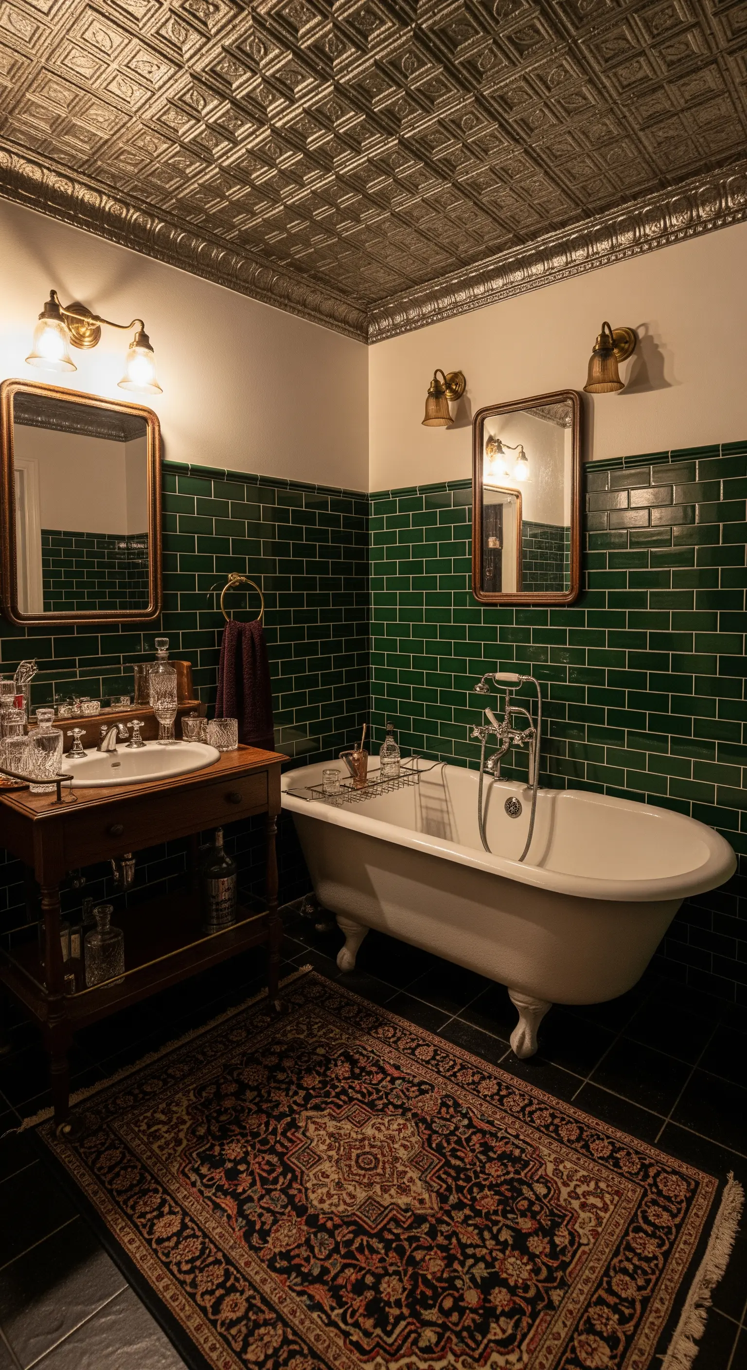 Bagno vintage con soffitto in latta stampata, piastrelle verdi e tappeto persiano.