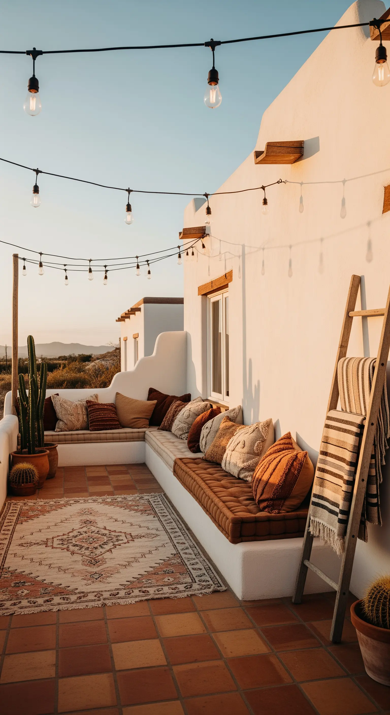 Terrazza in stile messicano con sedute in muratura, cuscini color terracotta e cactus.