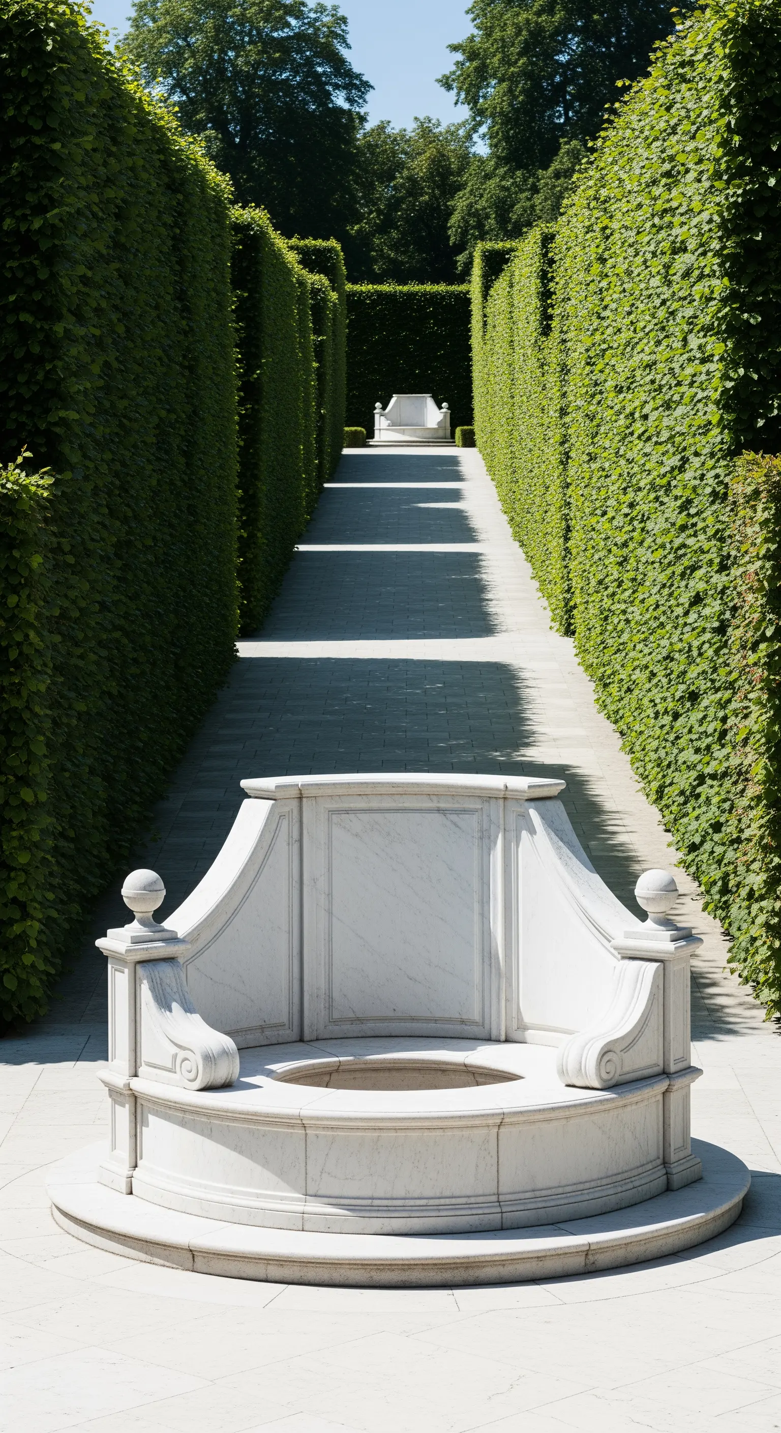 Vera da pozzo in marmo bianco scolpito, posta in un vialetto stretto tra alte siepi