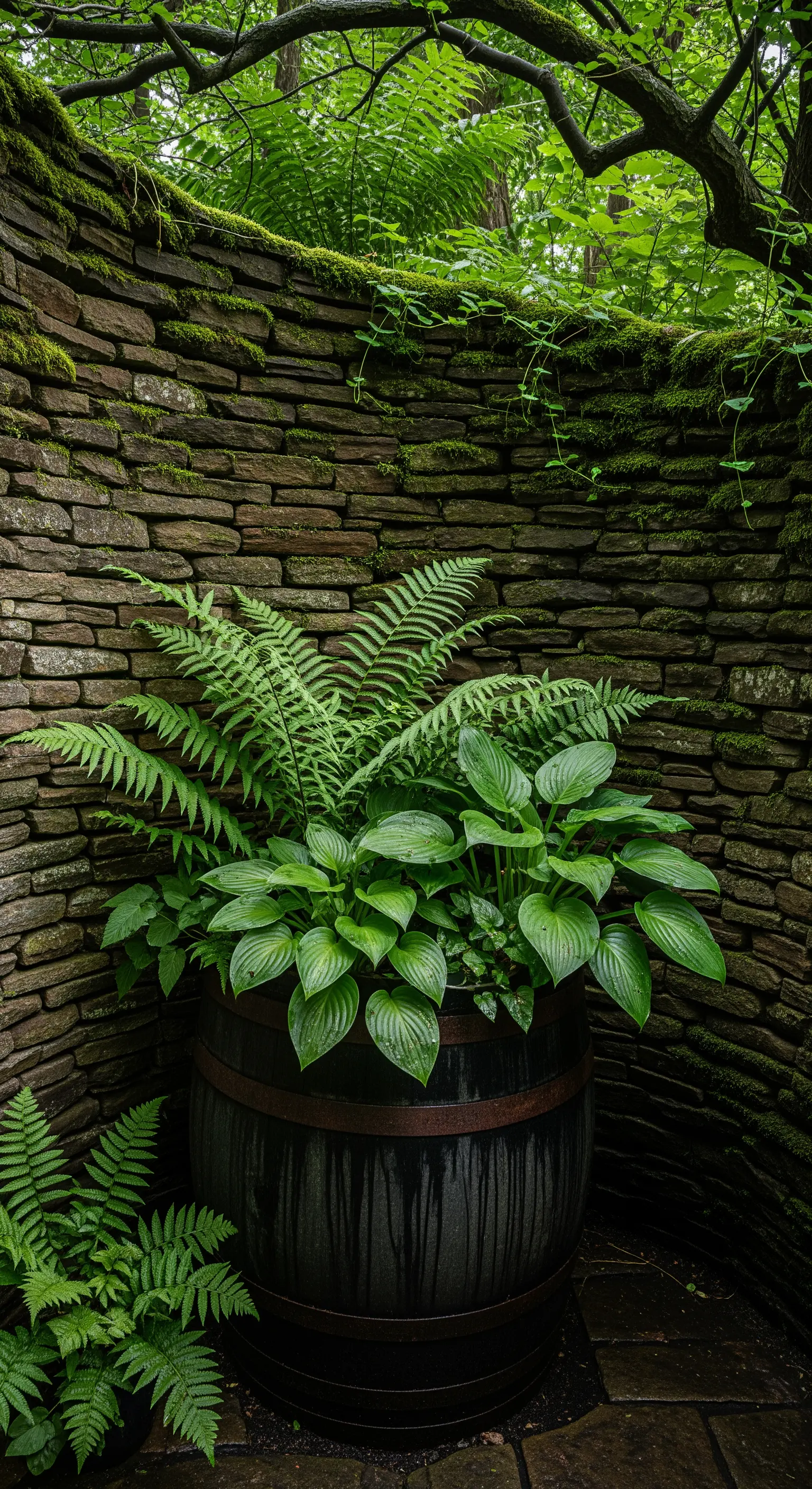 Botte scura con felci rigogliose in un angolo ombroso con un muro di pietra ricoperto di muschio.