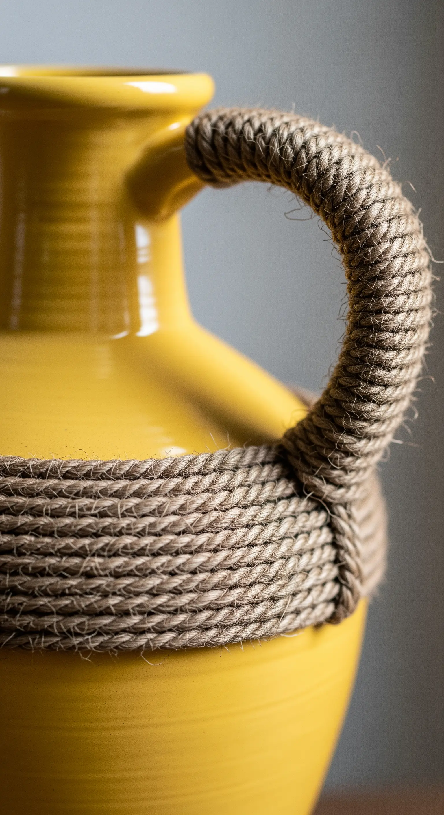 Dettaglio del manico di una brocca gialla, completamente avvolto in corda di iuta.