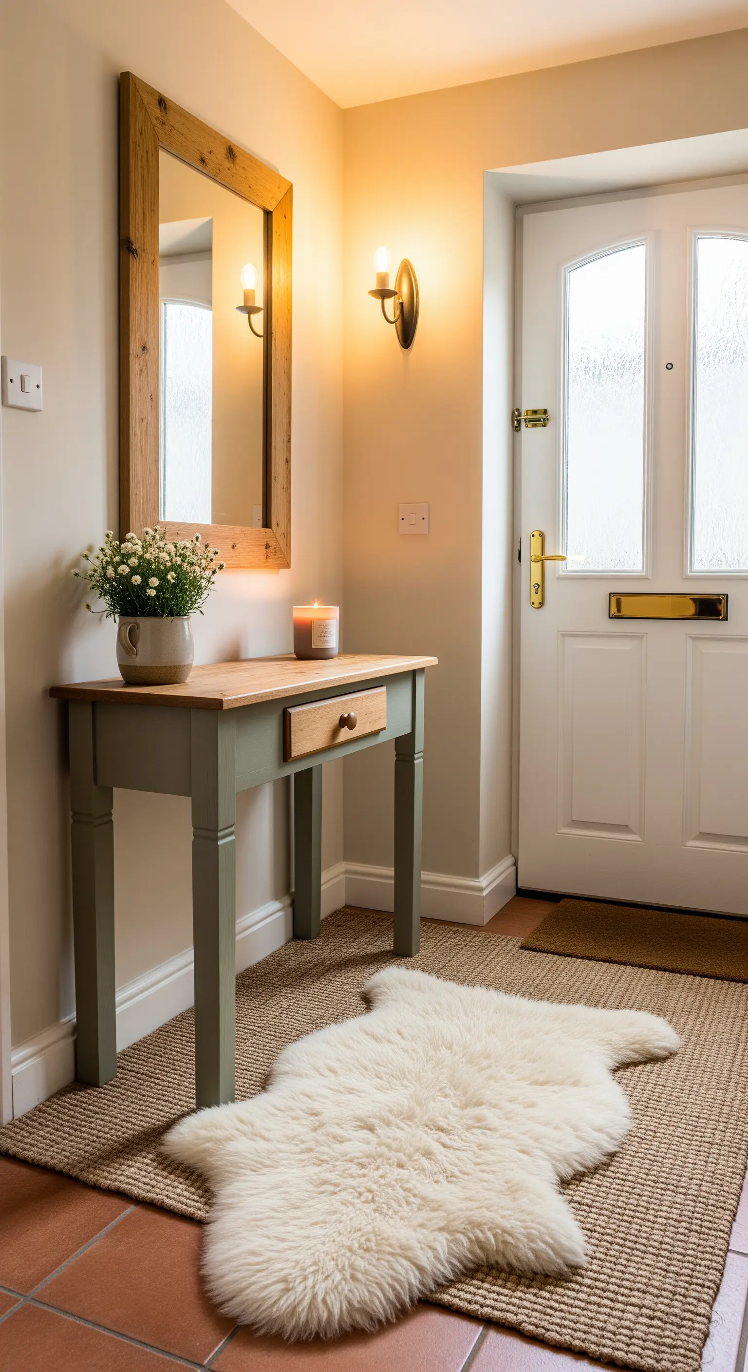 Piccolo ingresso con consolle verde salvia e un tappeto in finta pelliccia di pecora.