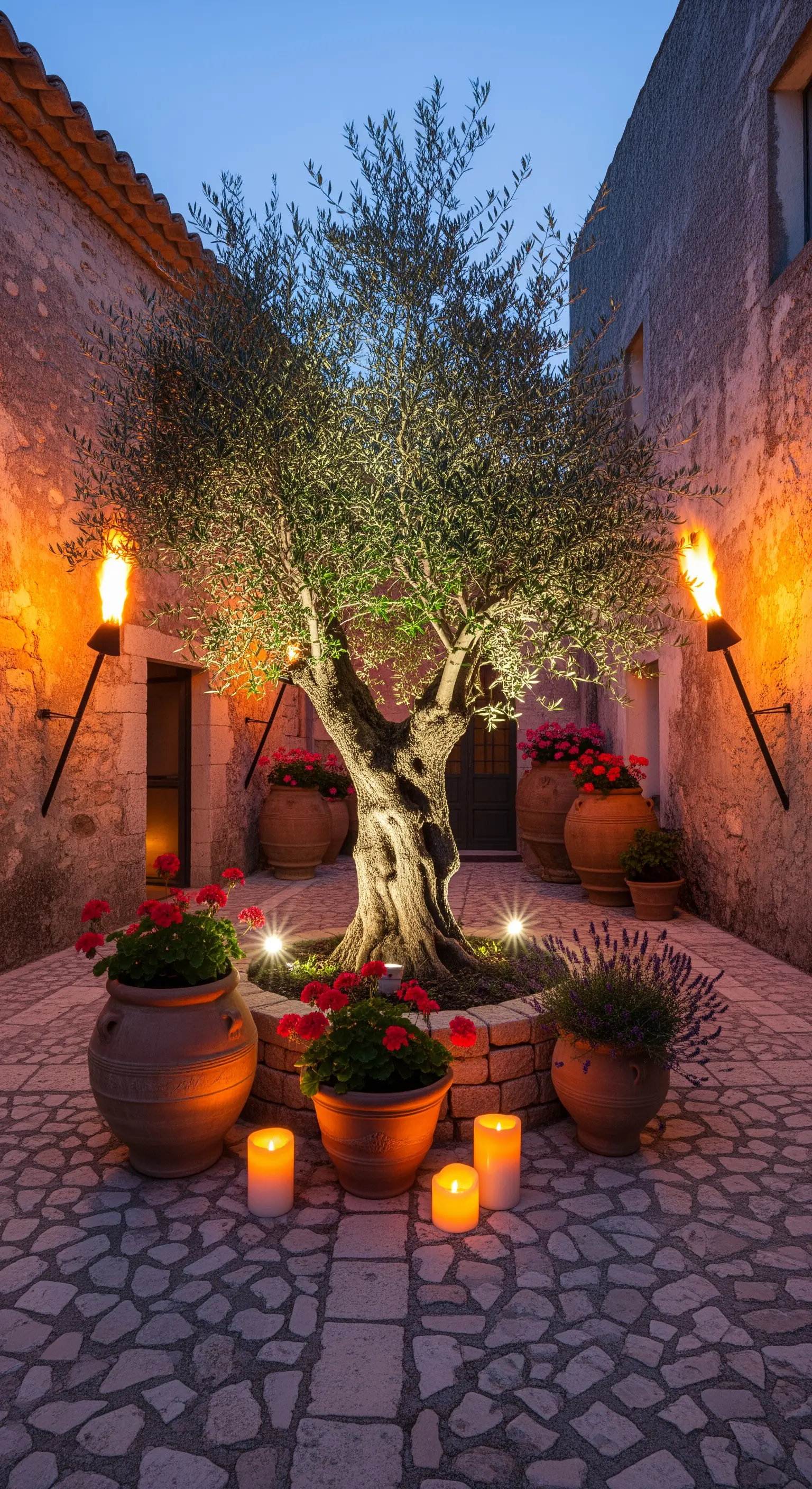 Patio mediterraneo con un ulivo illuminato dal basso, torce a muro e vasi di terracotta.
