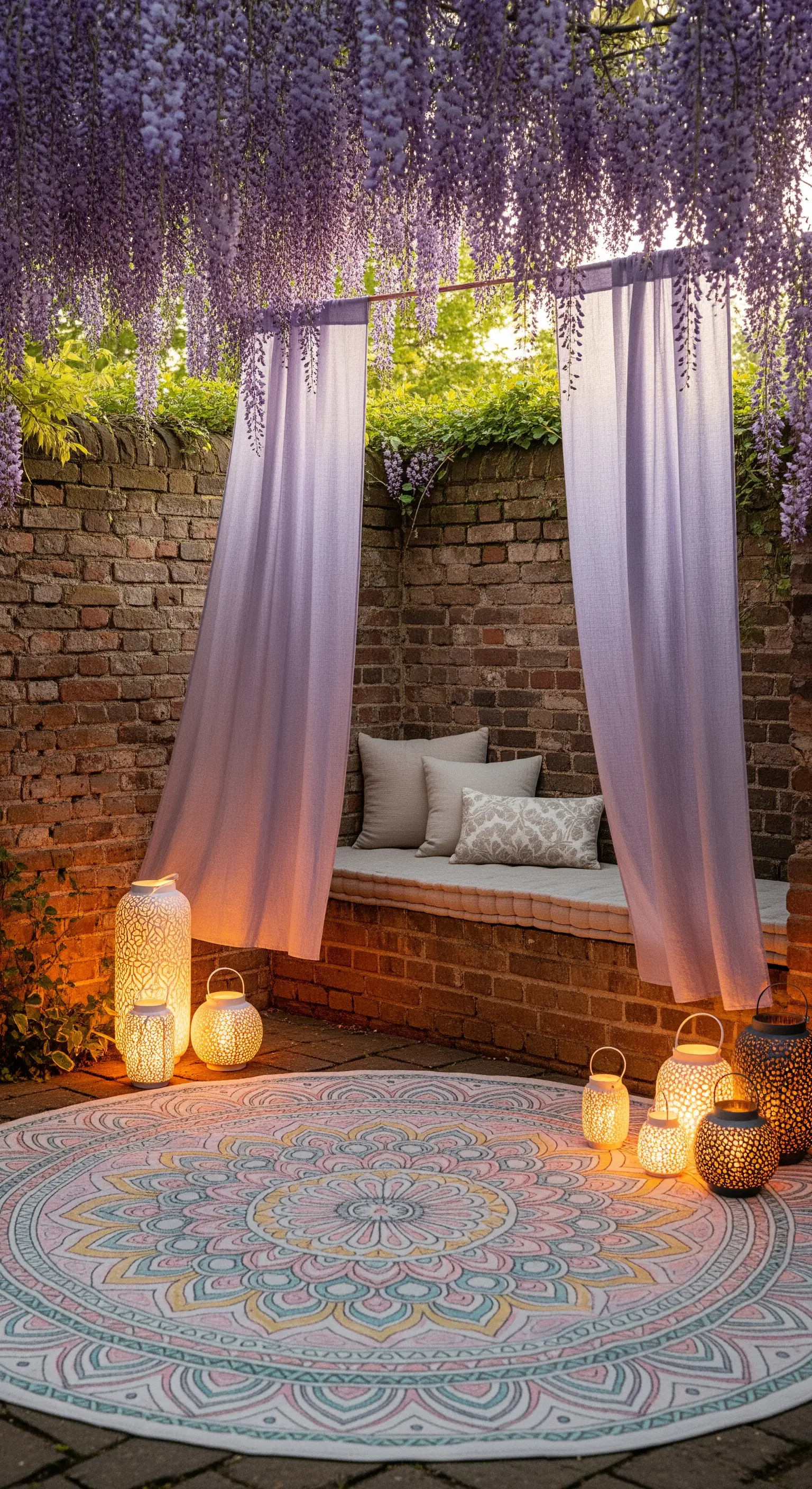 Angolo intimo con panca in mattoni, tende lilla, lanterne e un tappeto mandala.