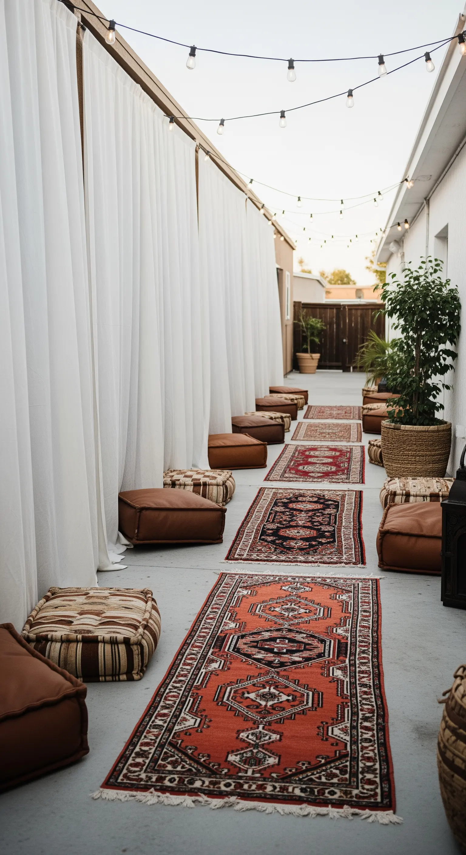 Corridoio esterno allestito con tende bianche, passatoie etniche e pouf in pelle.