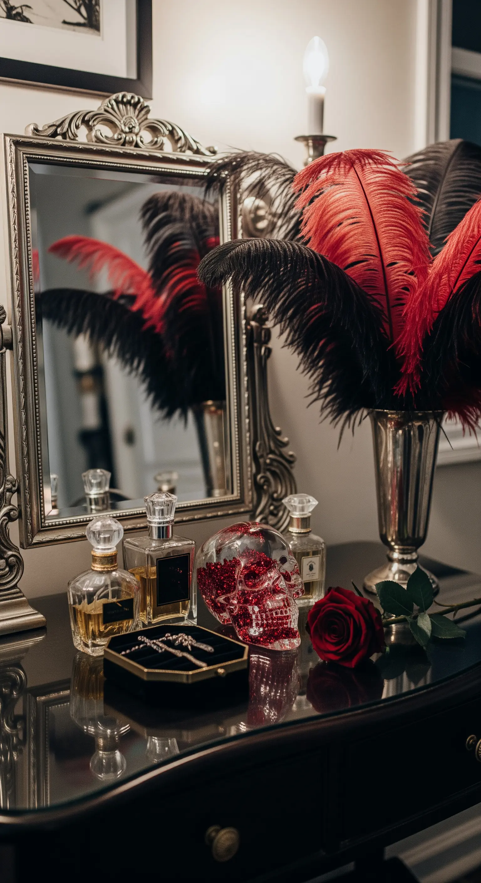 Toeletta per Halloween con teschio glitterato rosso, piume e una rosa scarlatta.