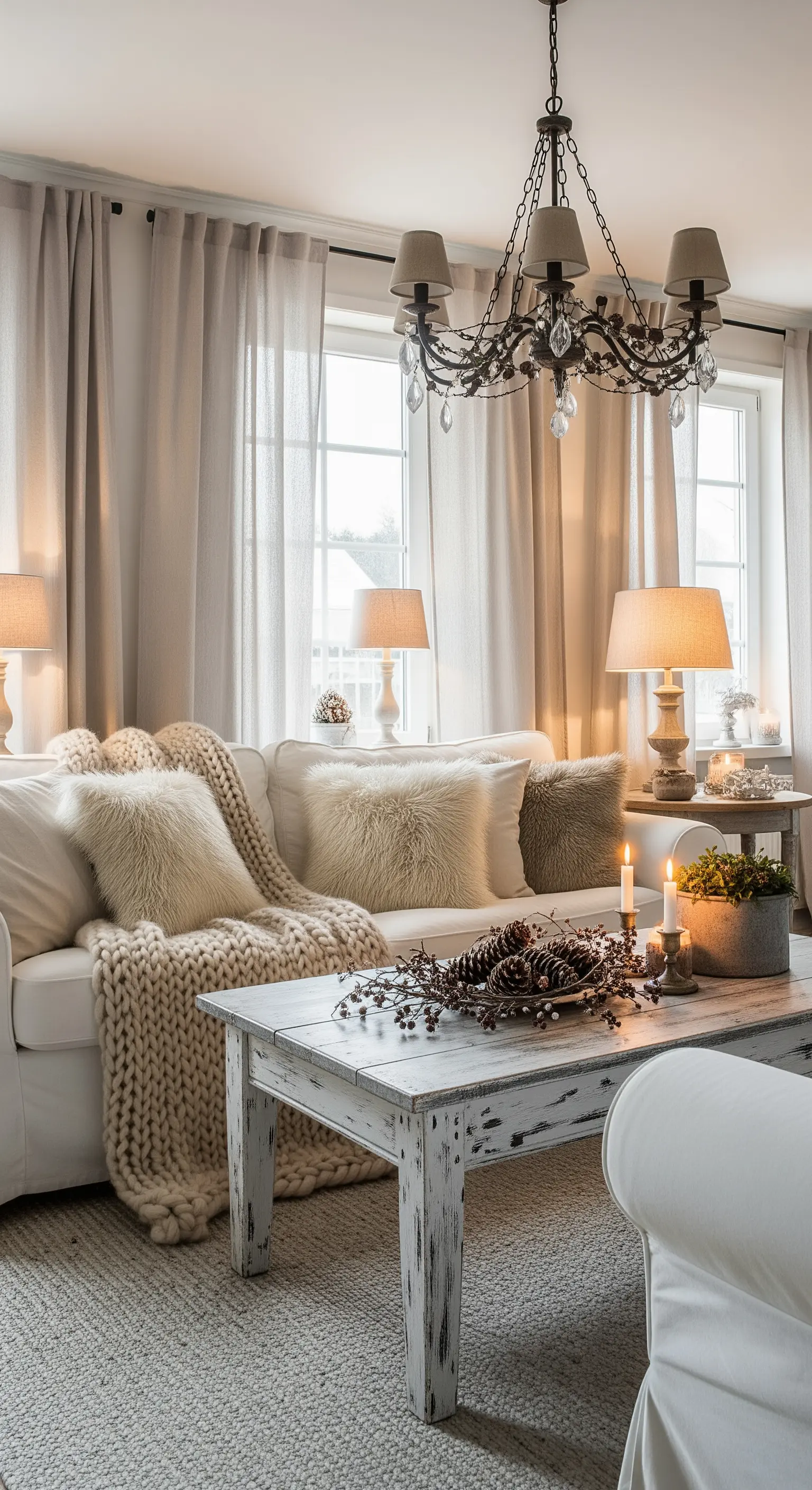 Soggiorno invernale con divano bianco, coperte in lana e cuscini in pelliccia.