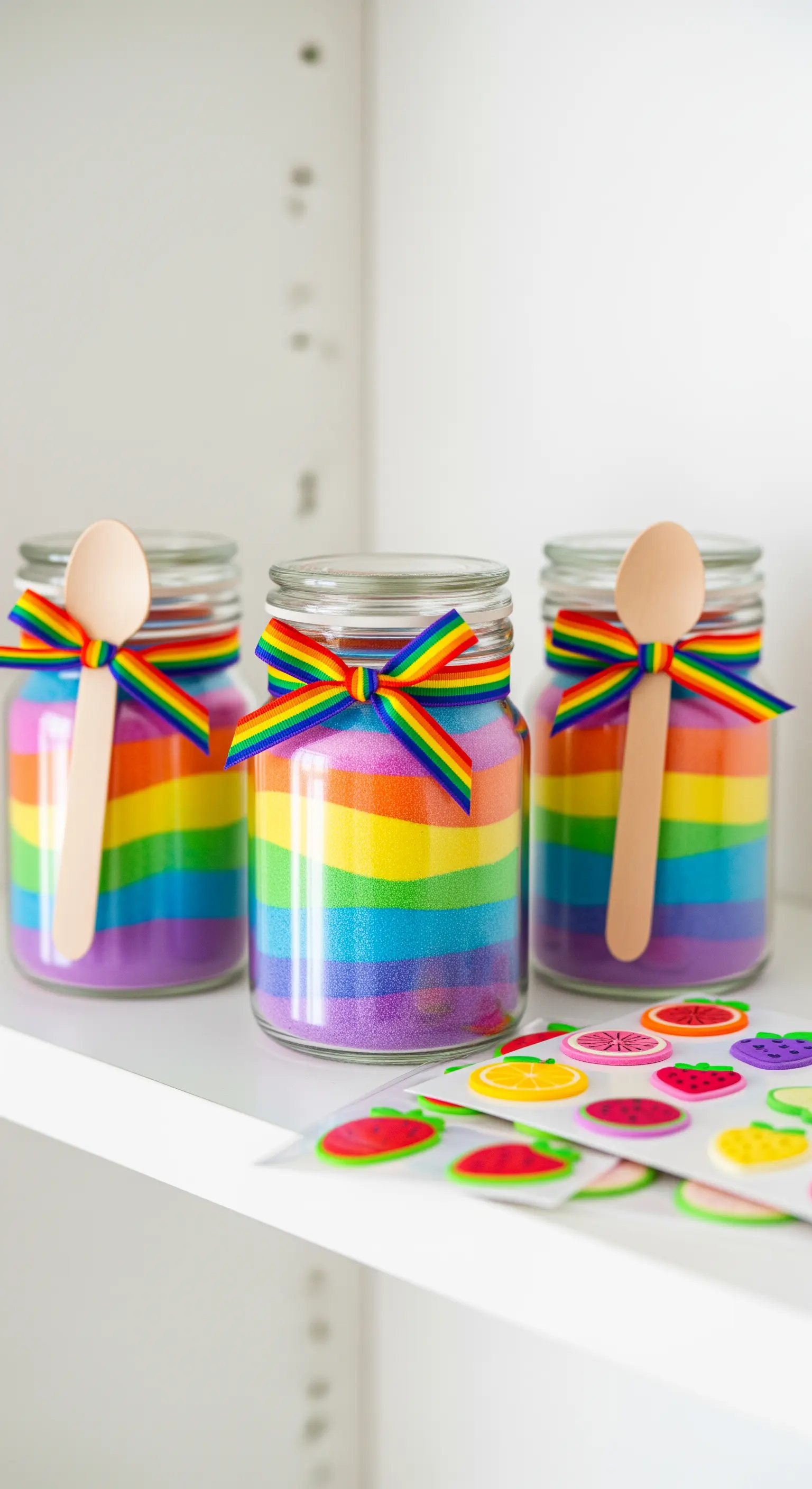 Vasetti di vetro con strati di sabbia colorata a formare un arcobaleno.