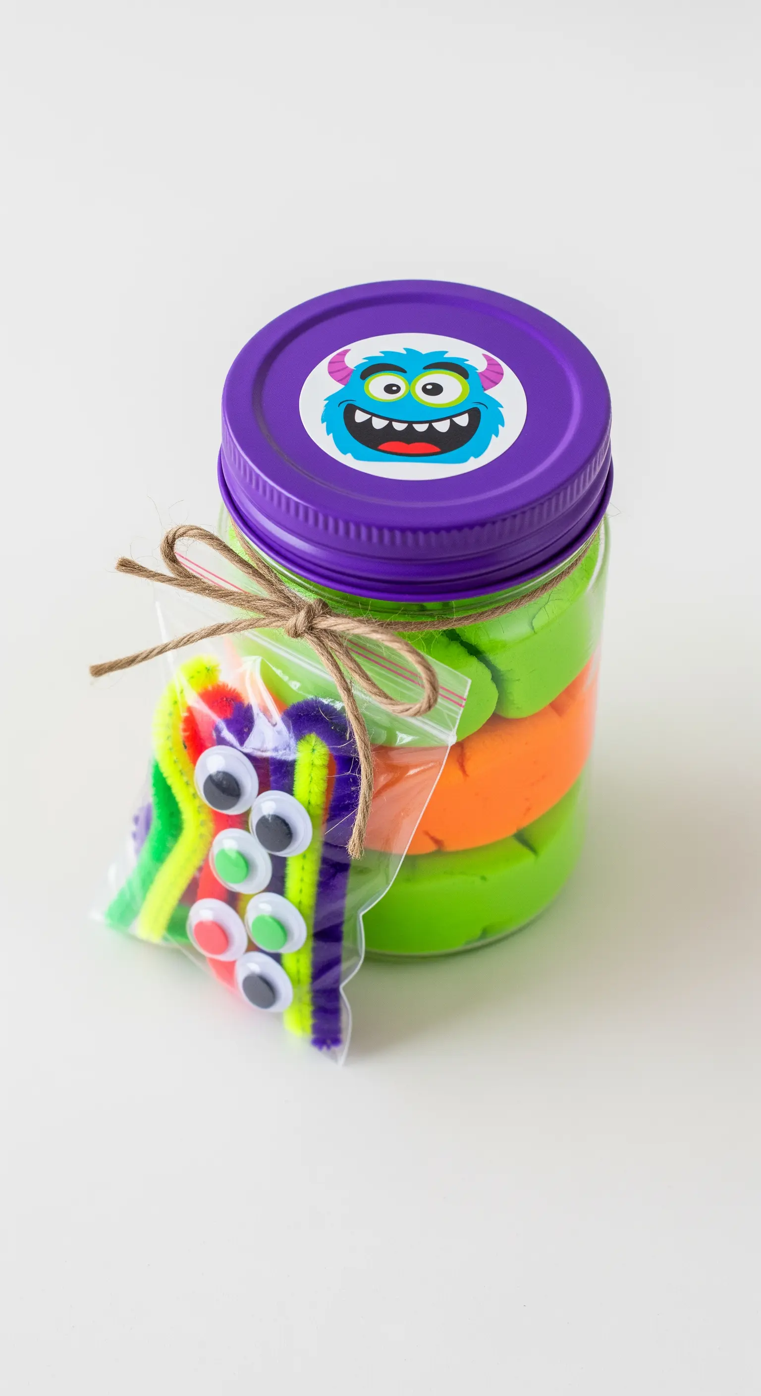 Vasetto con pasta modellabile colorata e un kit per creare mostri.