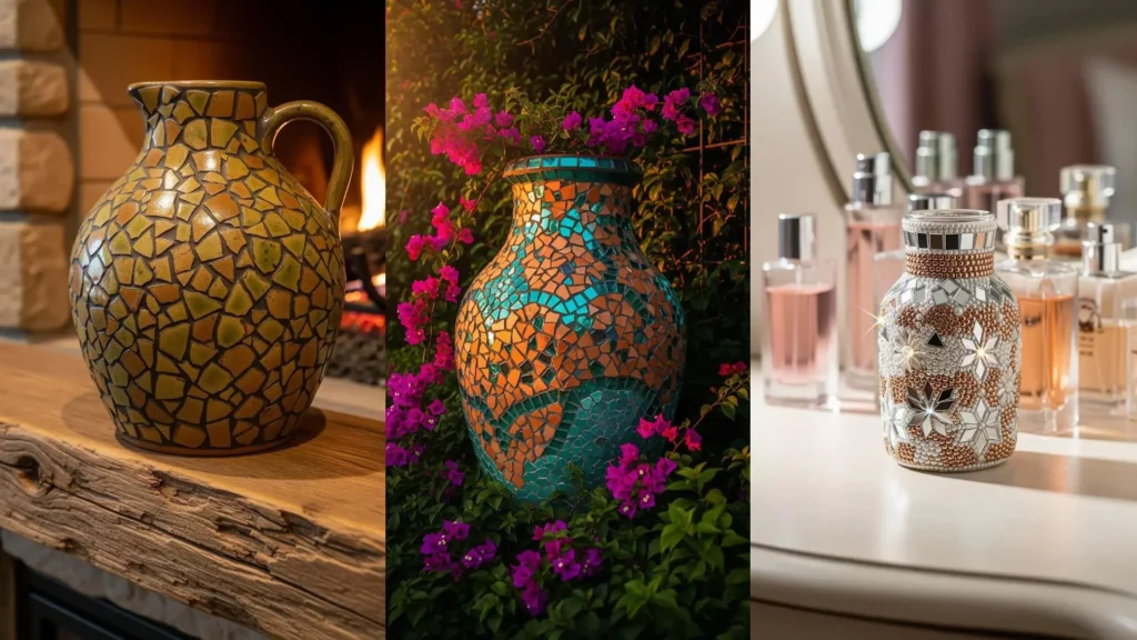 Tre vasi DIY decorati con mosaici di piastrelle colorate e specchi rotti, in diverse ambientazioni.