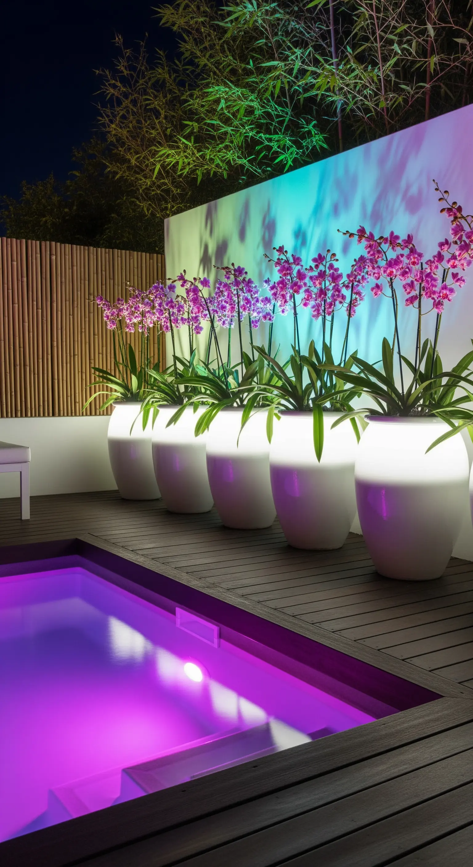 Vasi bianchi luminosi con orchidee rosa a bordo piscina, con luci viola e turchesi.