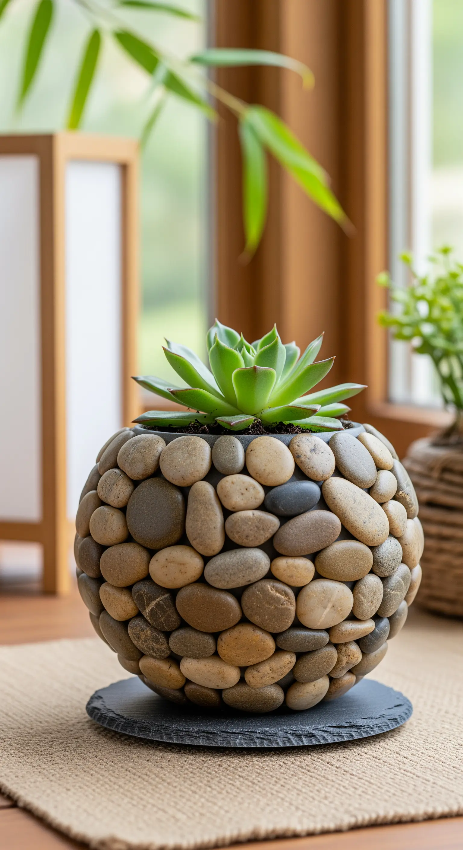 Vaso sferico interamente ricoperto di ciottoli di fiume lisci, con una pianta grassa al centro.
