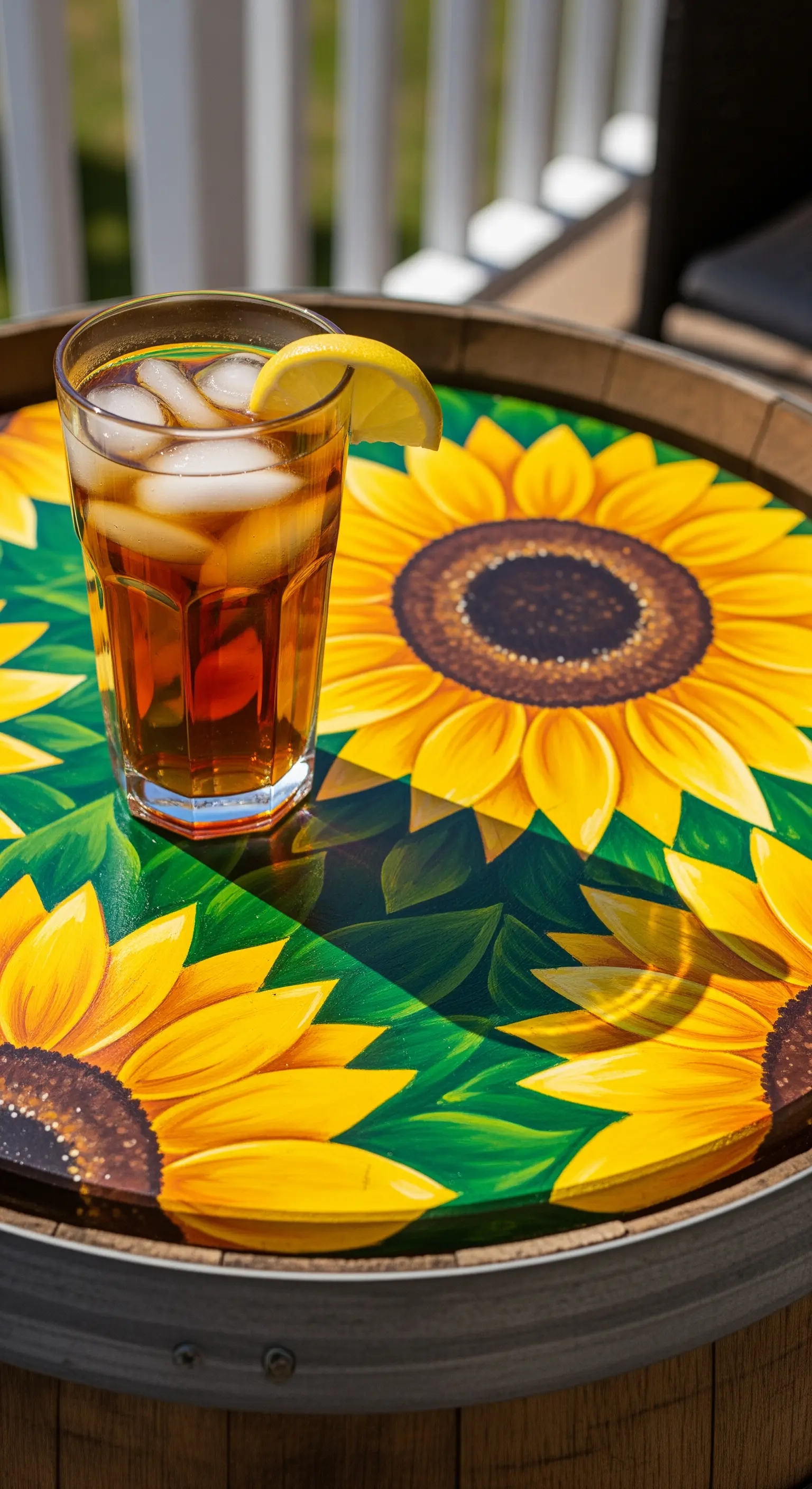 Piano di una botte di vino dipinto a mano con un motivo di girasoli gialli.