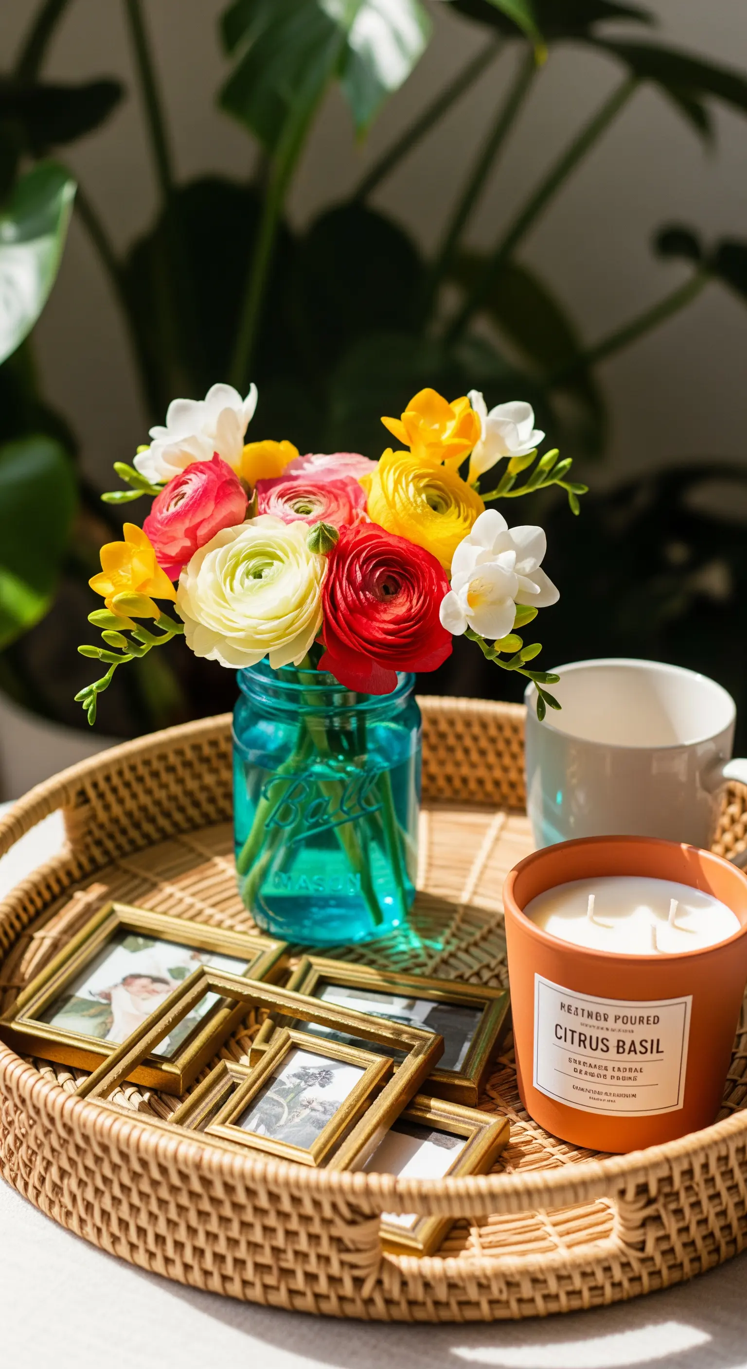 Vassoio in rattan con fiori colorati, piccole cornici dorate e una candela agli agrumi.