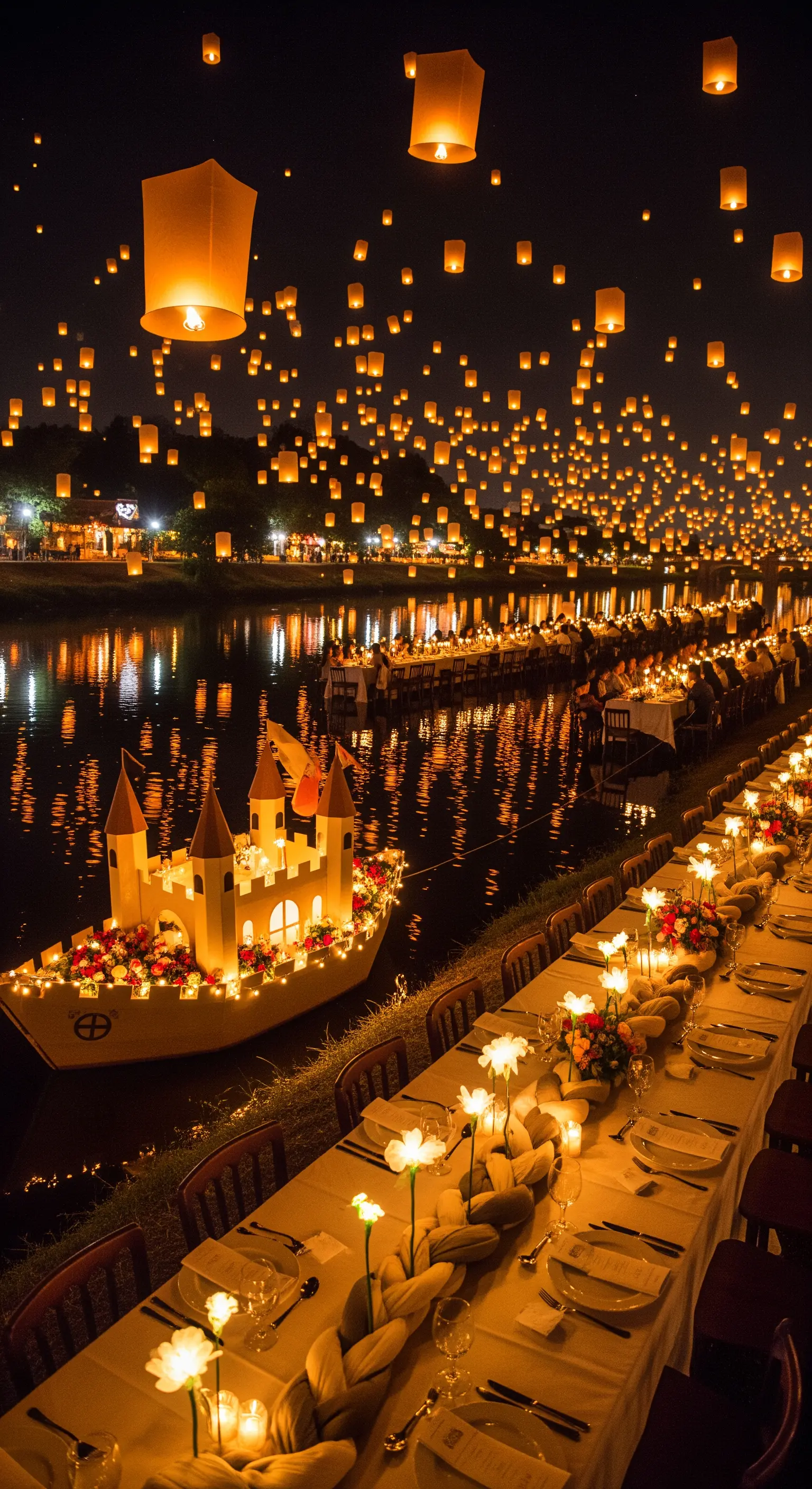 Festa a tema Rapunzel con lanterne galleggianti e volanti su un fiume di notte.