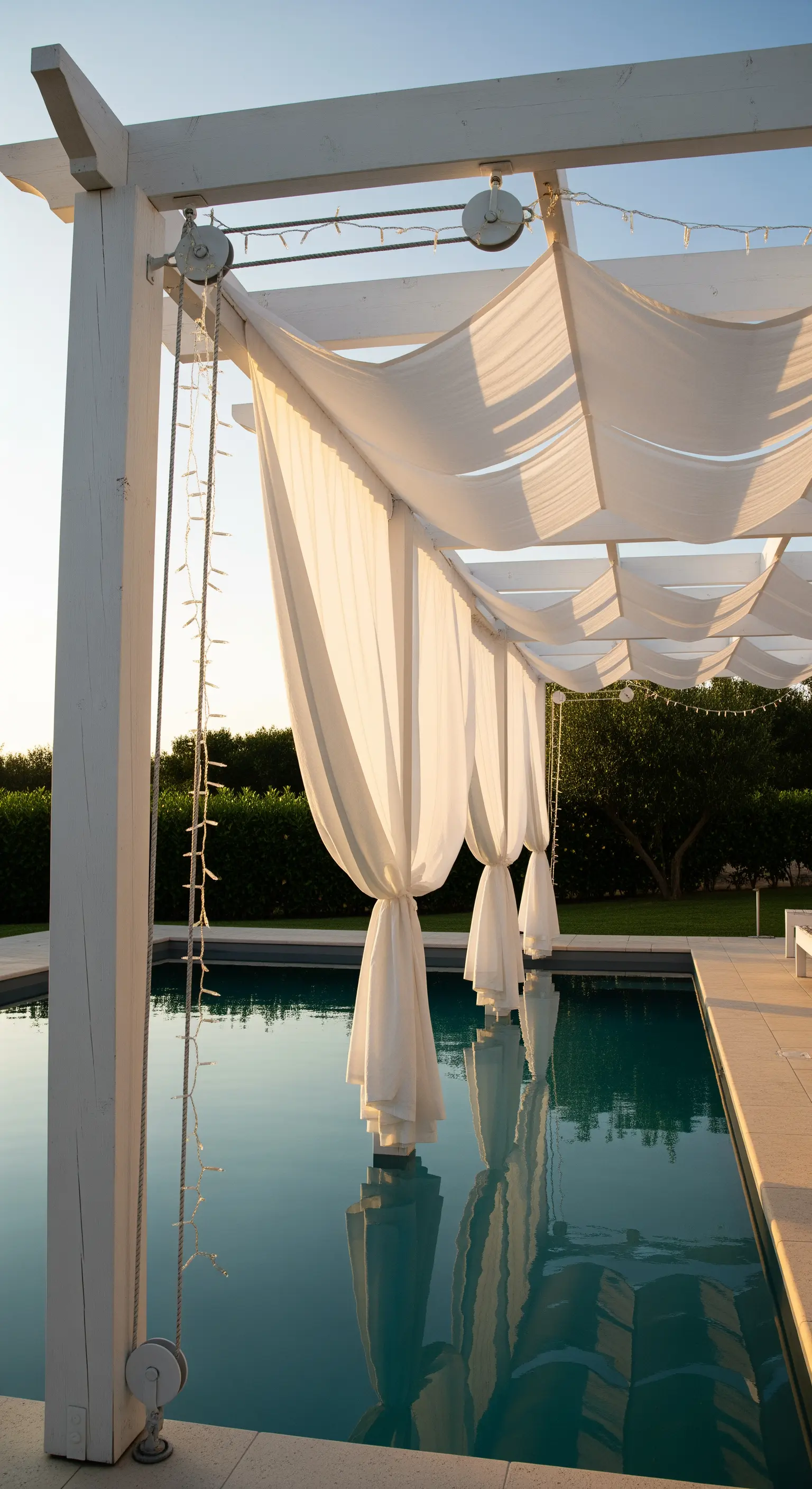 Pergolato bianco a bordo piscina con teli bianchi scorrevoli.