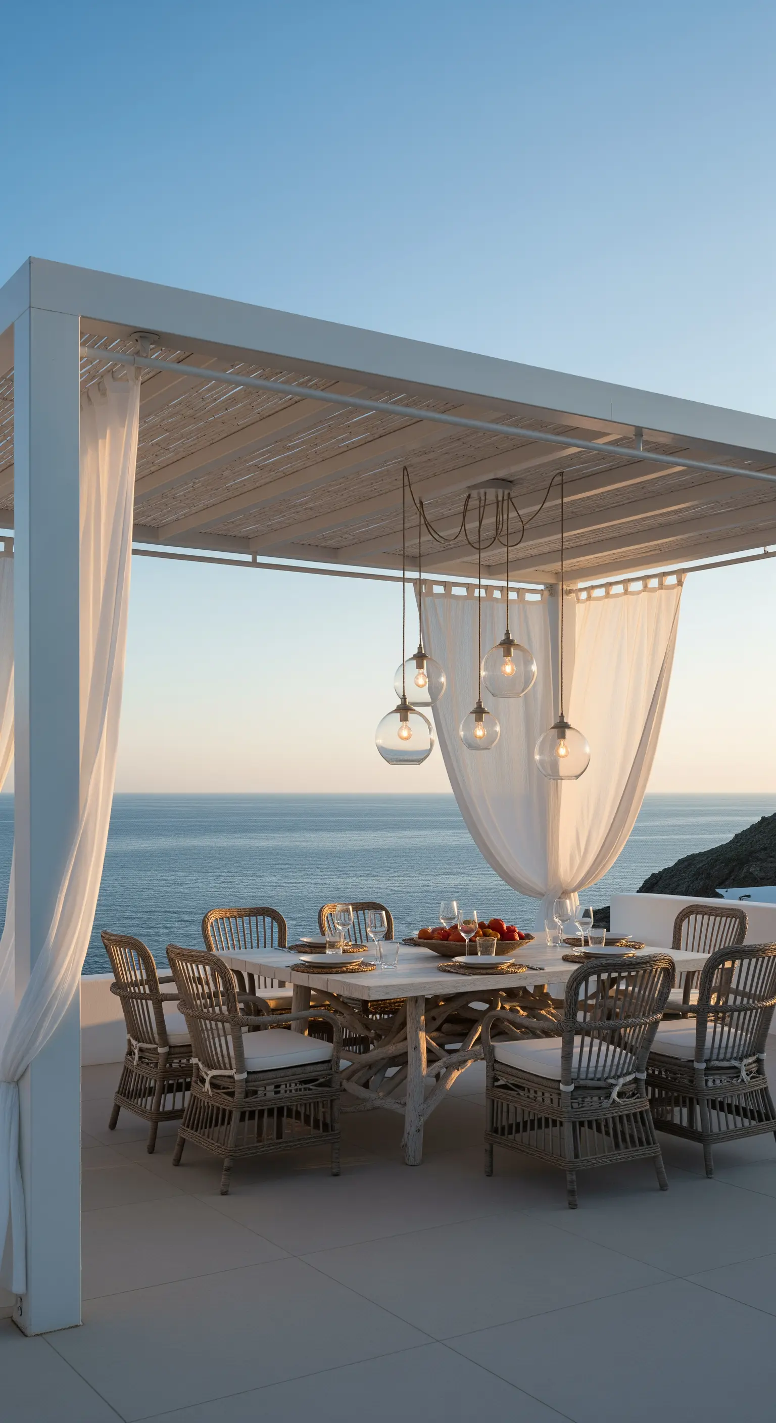 Pergola bianca con tende e lampade a globo in vetro affacciata sul mare al tramonto.