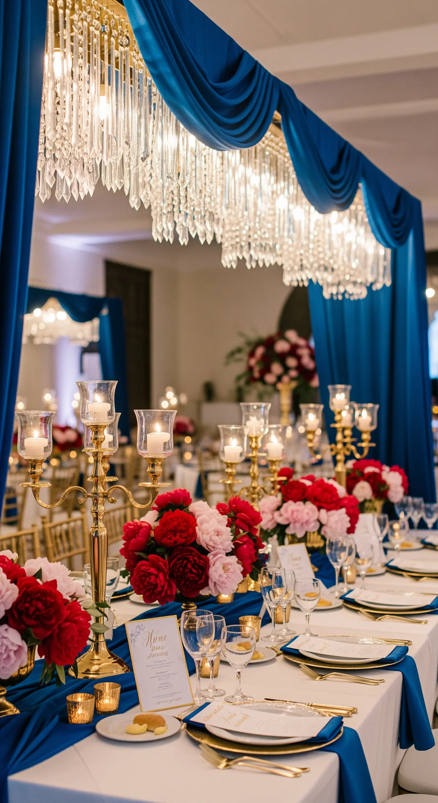 Tavolo da matrimonio con runner e drappeggi in velluto blu, candelabri dorati e chandelier di cristallo.