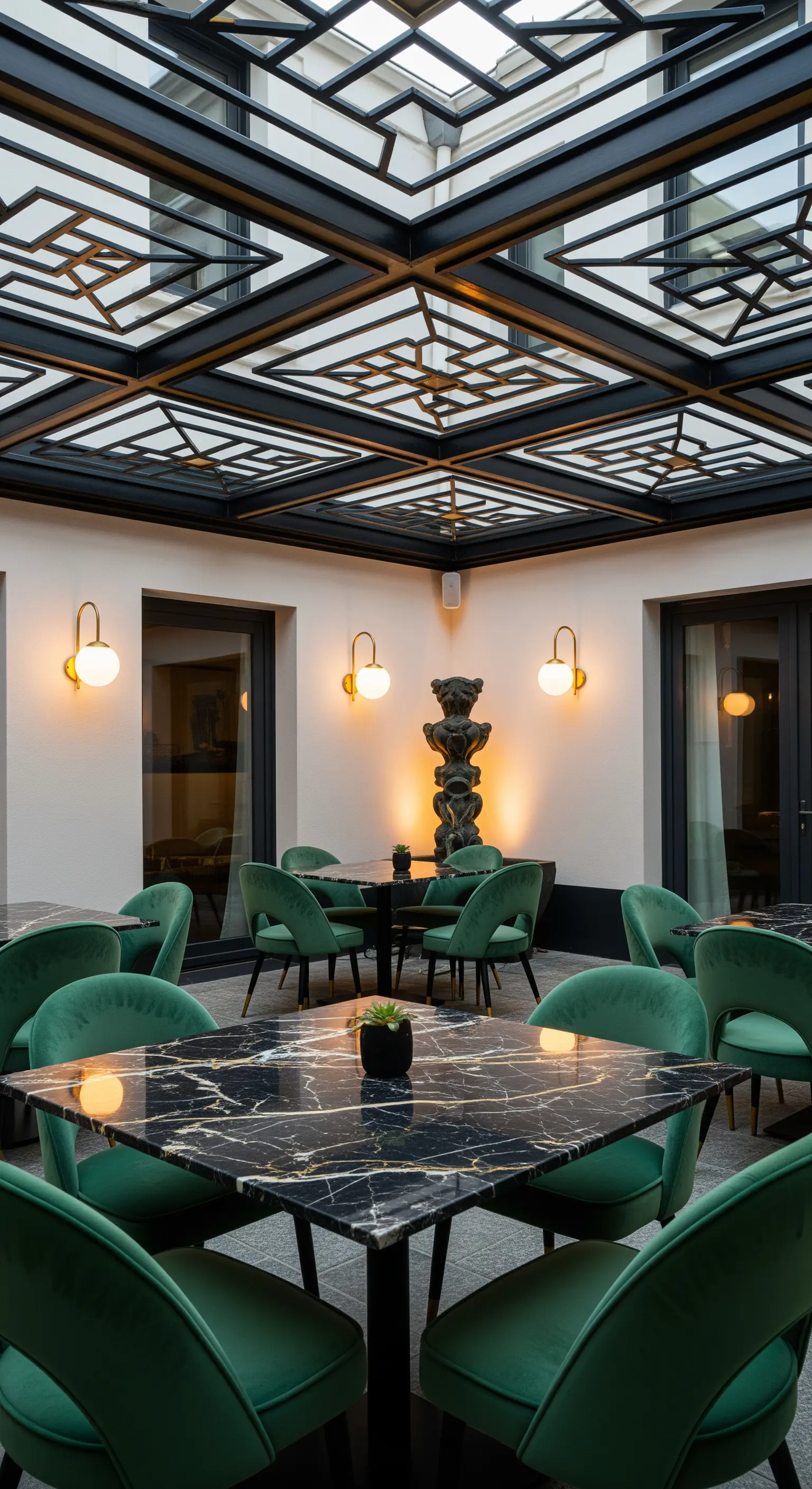 Elegante patio interno con tavoli in marmo nero e sedie in velluto verde.