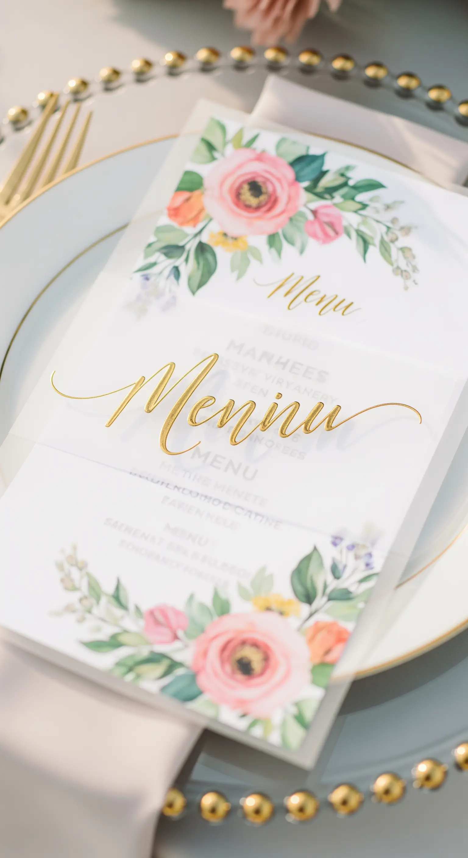 Menu di nozze con una fascetta in carta pergamena traslucida su cui è scritto un nome in oro.