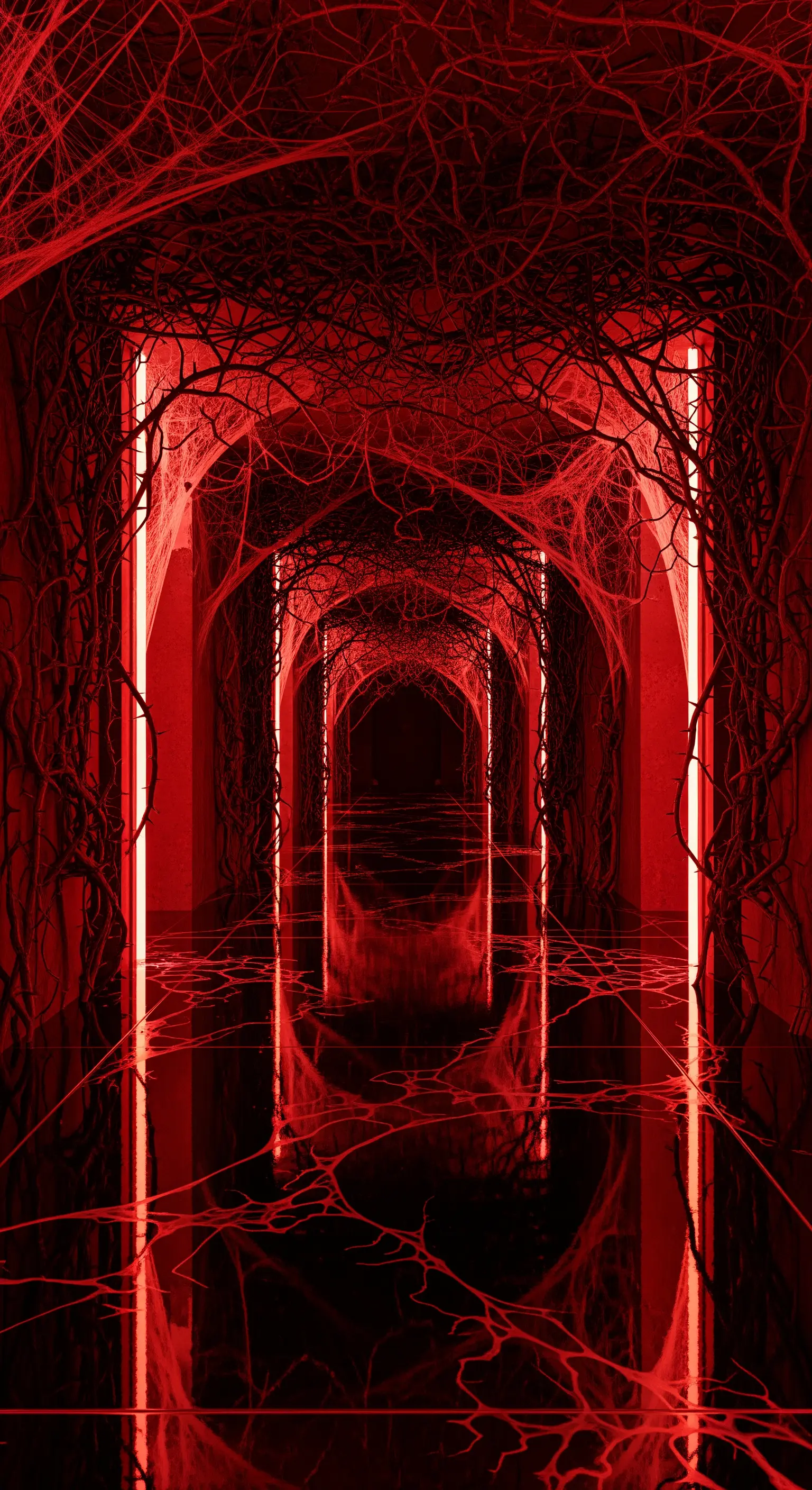 Corridoio rosso con rami intrecciati, ragnatele e luci verticali.