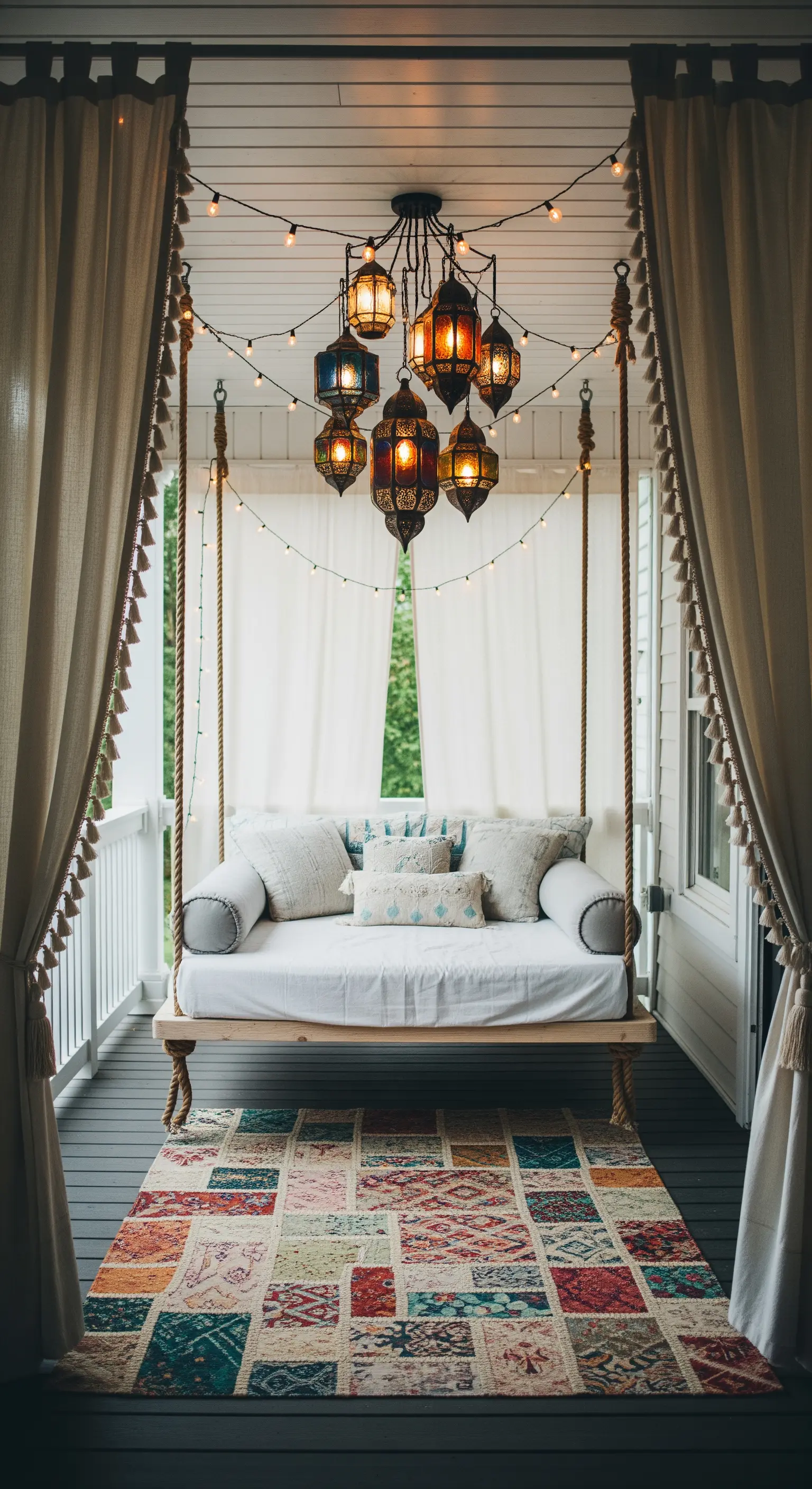 Dondolo sospeso su una veranda con tappeto colorato e un grappolo di lanterne marocchine.