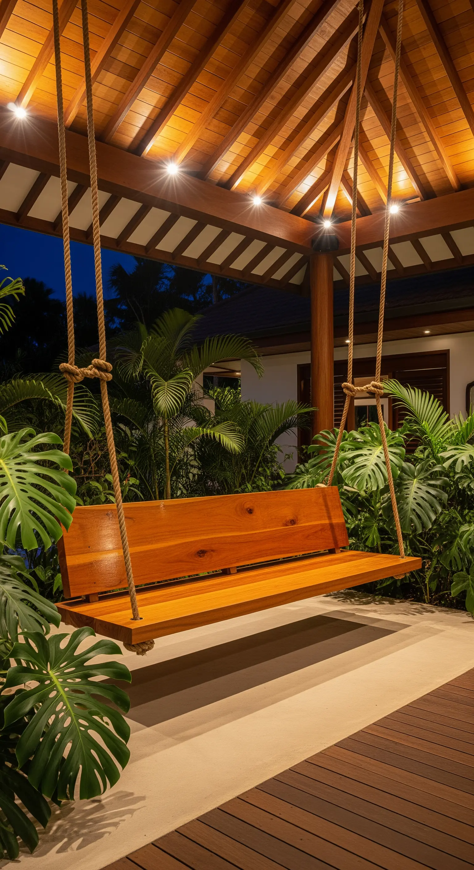 Panca sospesa in legno lucido in una veranda tropicale circondata da piante.