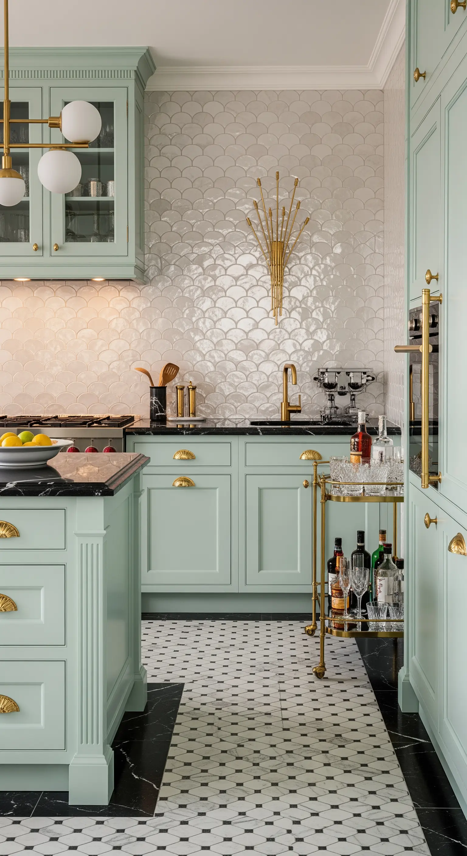 Cucina verde acqua con dettagli dorati, piastrelle a squama e carrello bar.