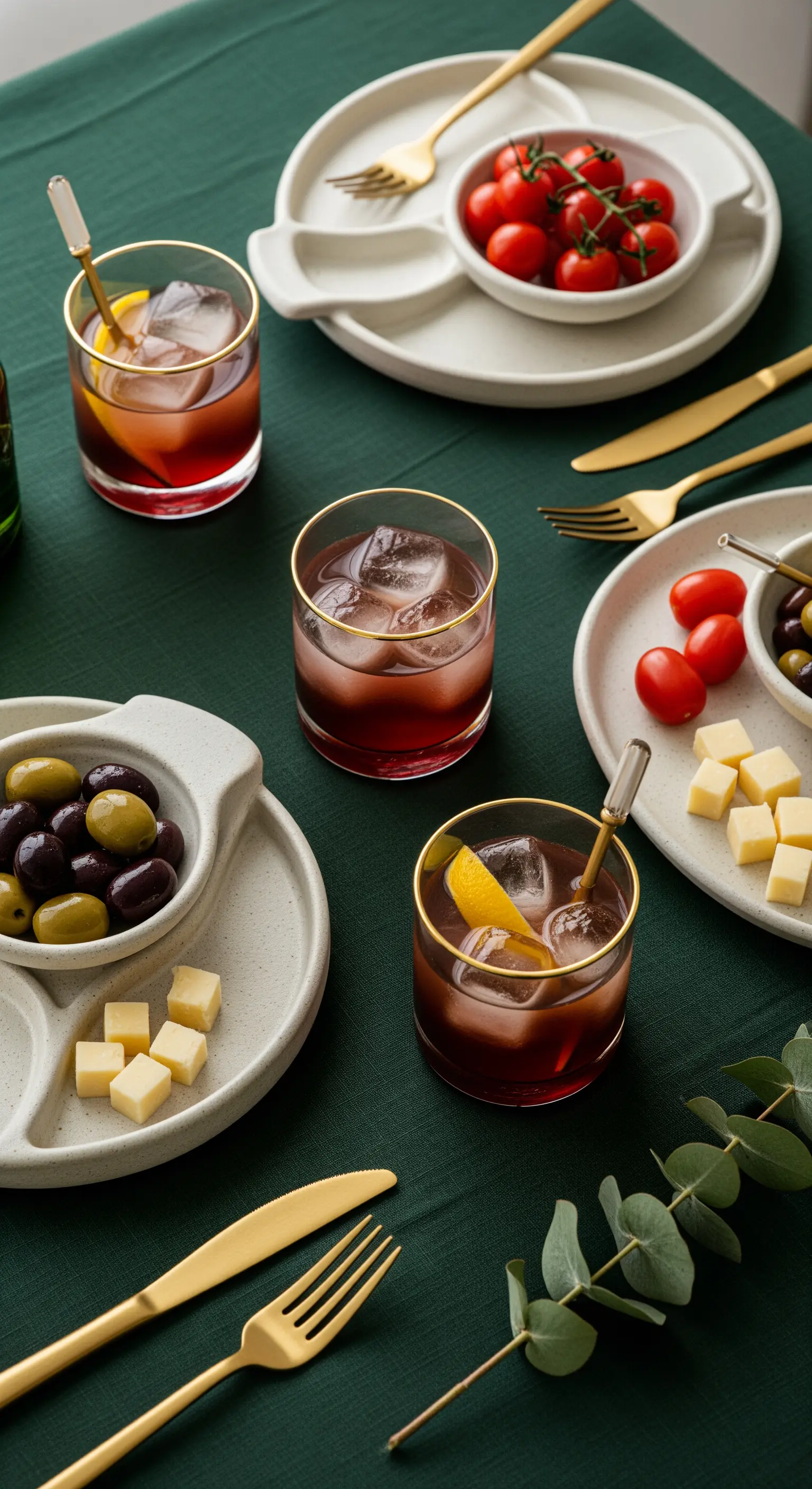 Tavola verde scuro con piatti moderni in ceramica, posate dorate e cocktail rossi