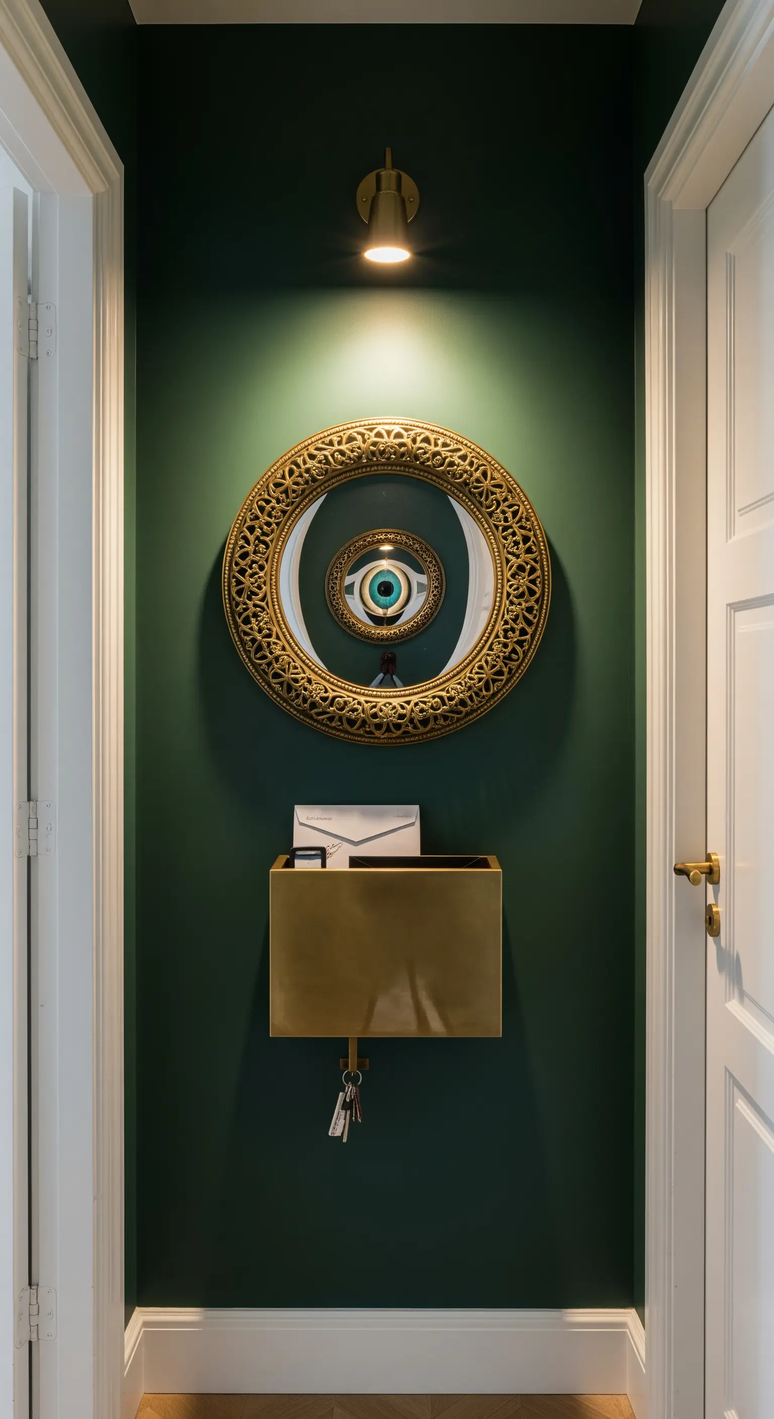 Parete verde scuro con piccolo specchio dorato e portalettere in ottone sottostante.