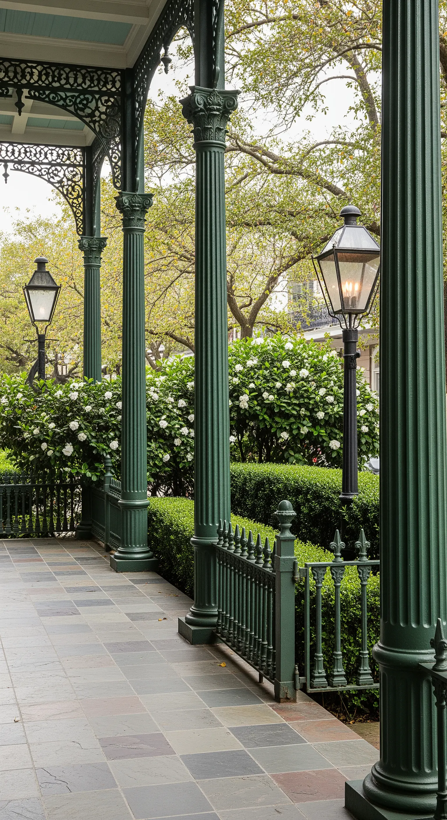 Portico con colonne e inferriate in ferro dipinte di verde scuro, circondato da ortensie bianche.