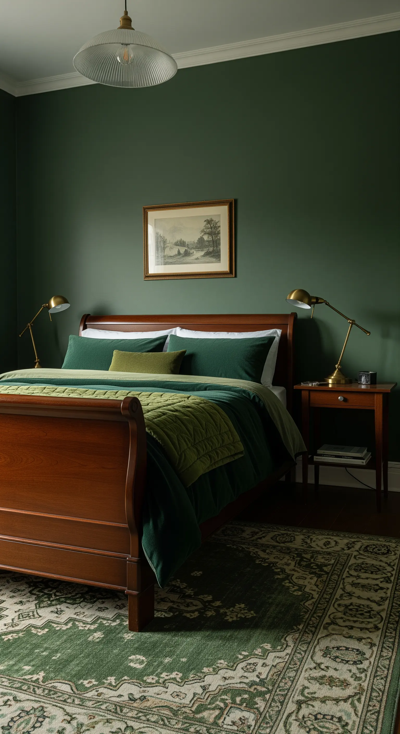 Camera da letto verde foresta con letto in legno scuro e lampade in ottone.