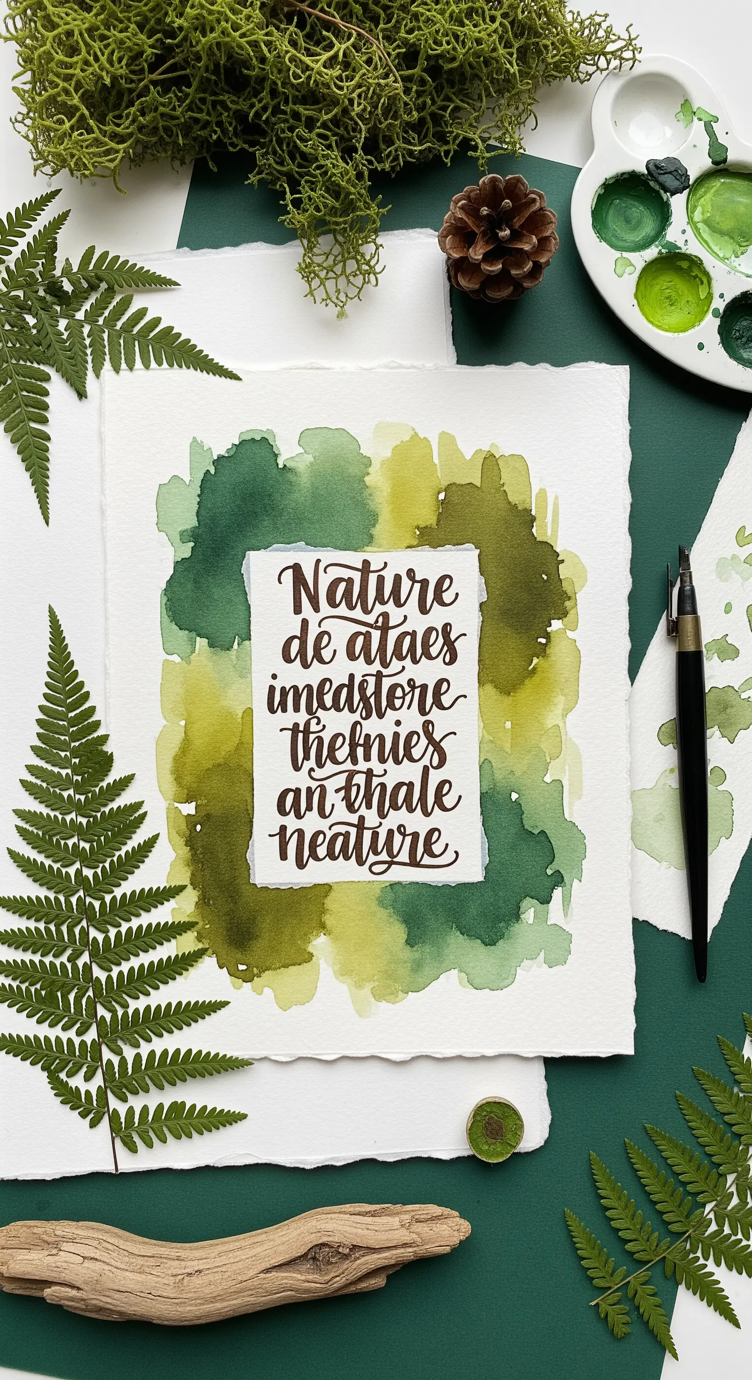 Composizione artistica con un quadro a tema natura, foglie di felce e una tavolozza di verdi.