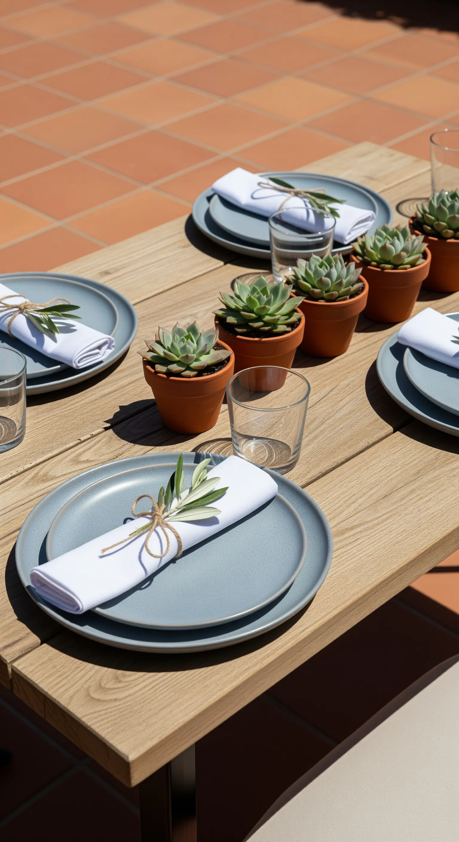 Tavola in legno con piatti grigi e una fila di piante grasse in vasetti di terracotta.