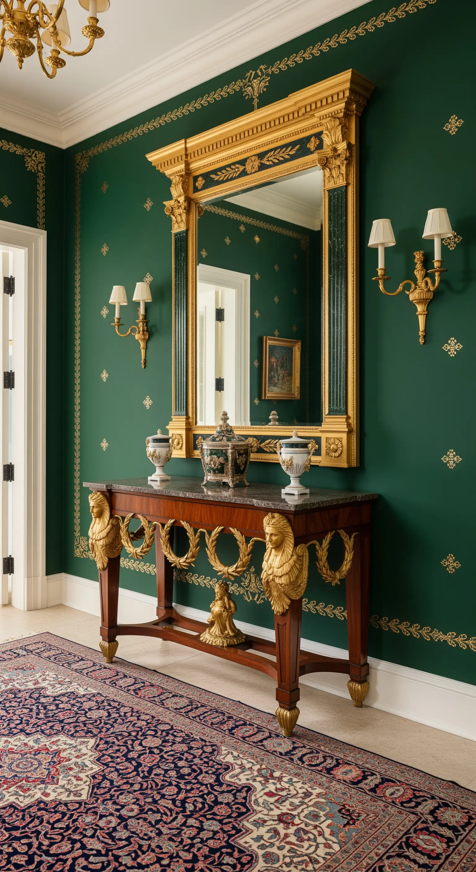Ingresso neoclassico con pareti verde scuro, specchio dorato e consolle intagliata.