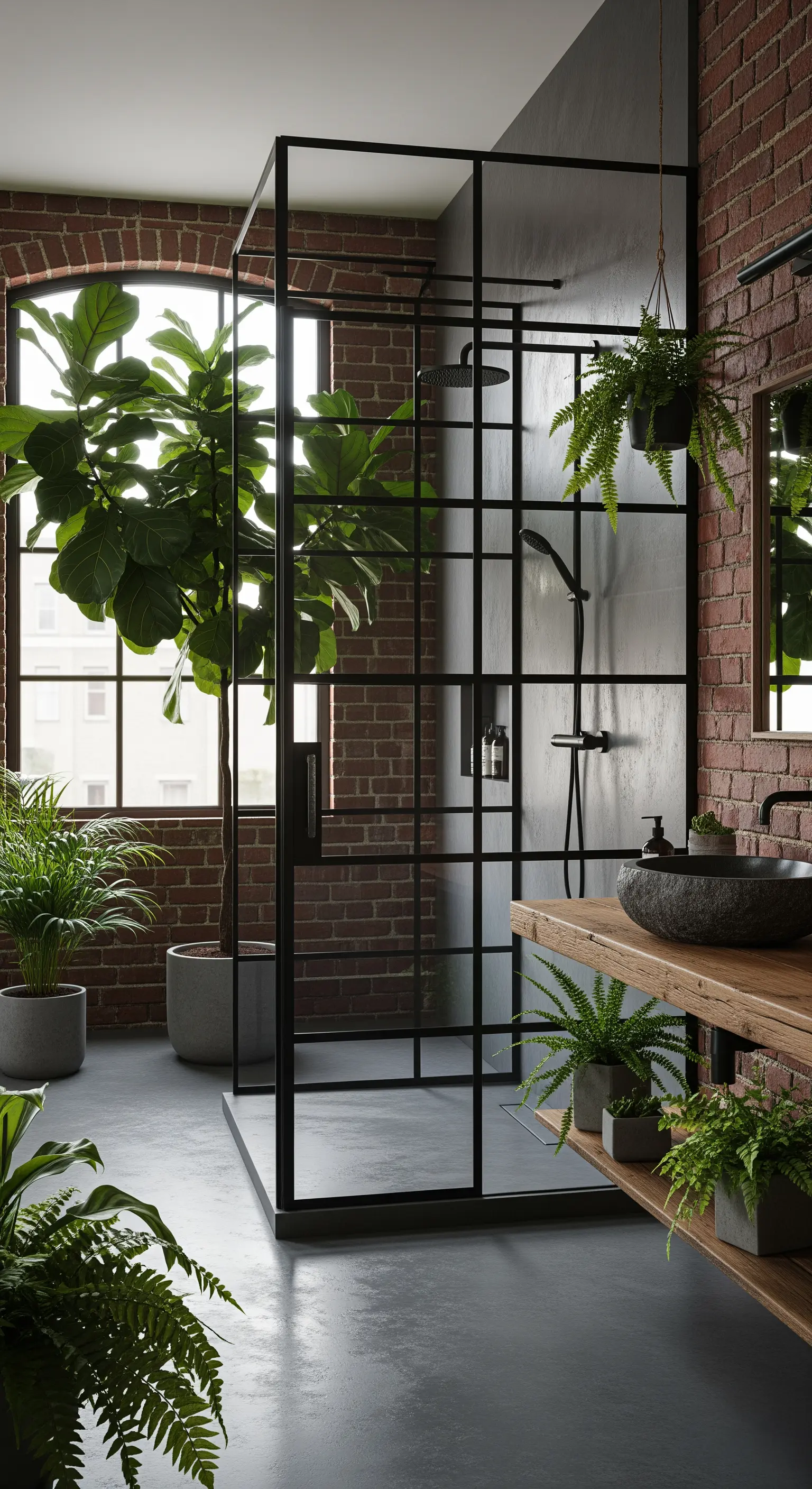 Bagno in stile industriale con doccia walk-in e grandi piante di Ficus lyrata.
