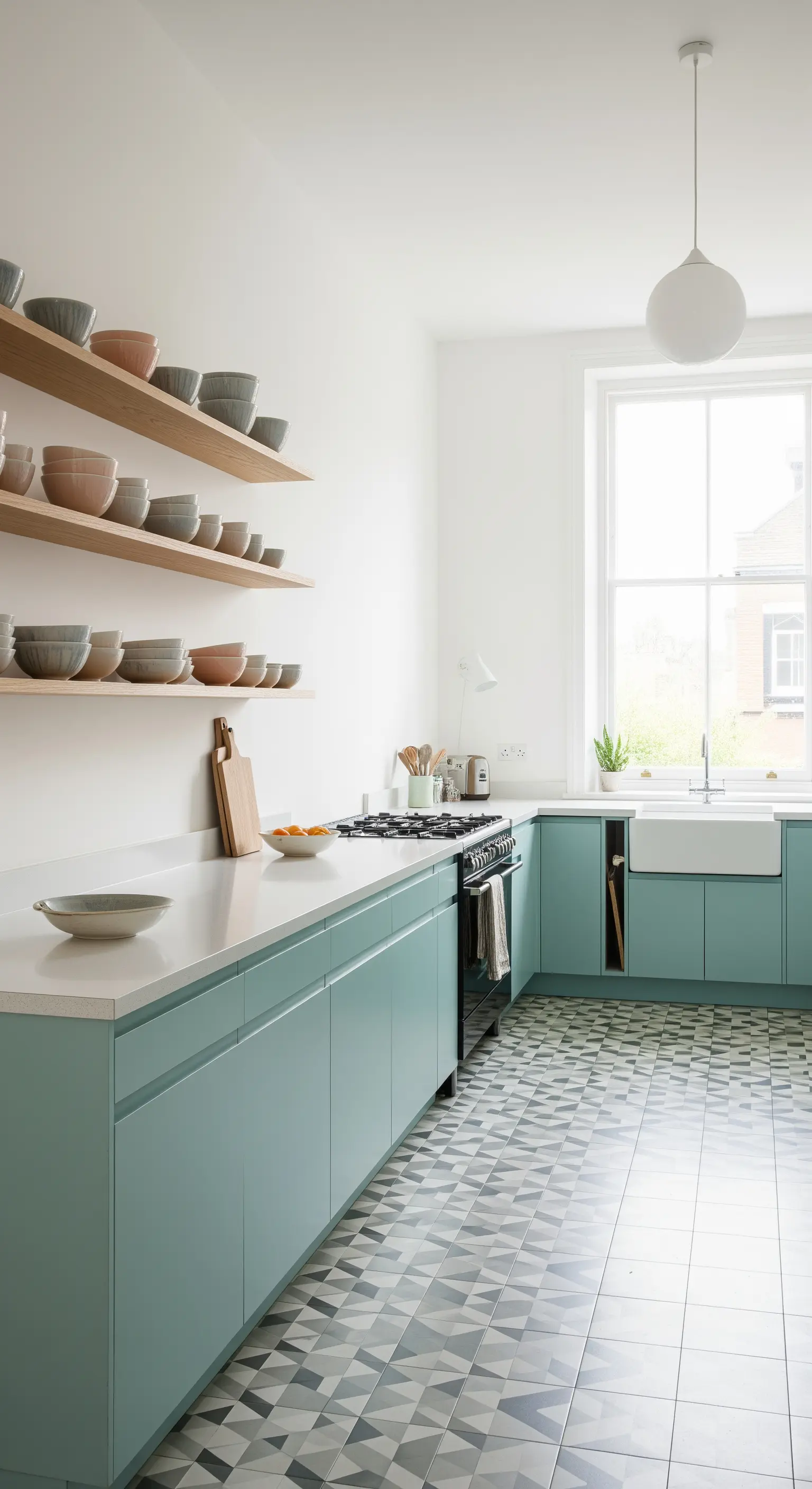 Cucina moderna verde menta con mensole in legno e piastrelle geometriche.